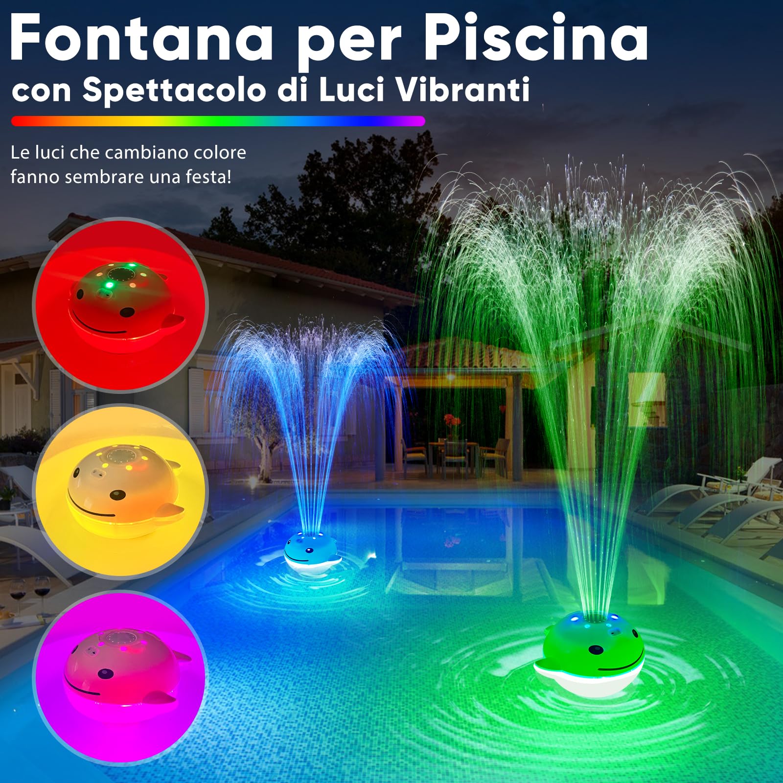 DeeprBling Fontana Galleggiante per Piscina con Spettacolo di Luci Subacquee, Fontana da Piscina a Batteria Ricaricabile, 2 Modalità di Spruzzatura con Telecomando e Pulsanti, 7 Modalità di Luce
