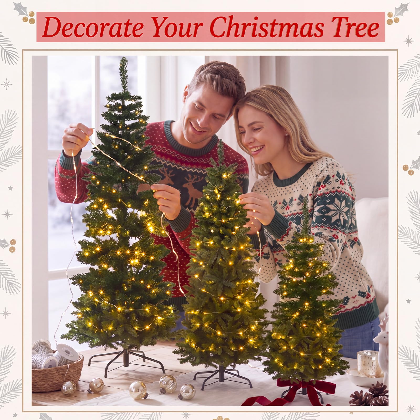Cinnvoice Lot de 3 sapins de Noël artificiels fins en cèdre floqué pré-éclairé avec lumières LED pour intérieur et extérieur, cheminée, porche, décoration de vacances