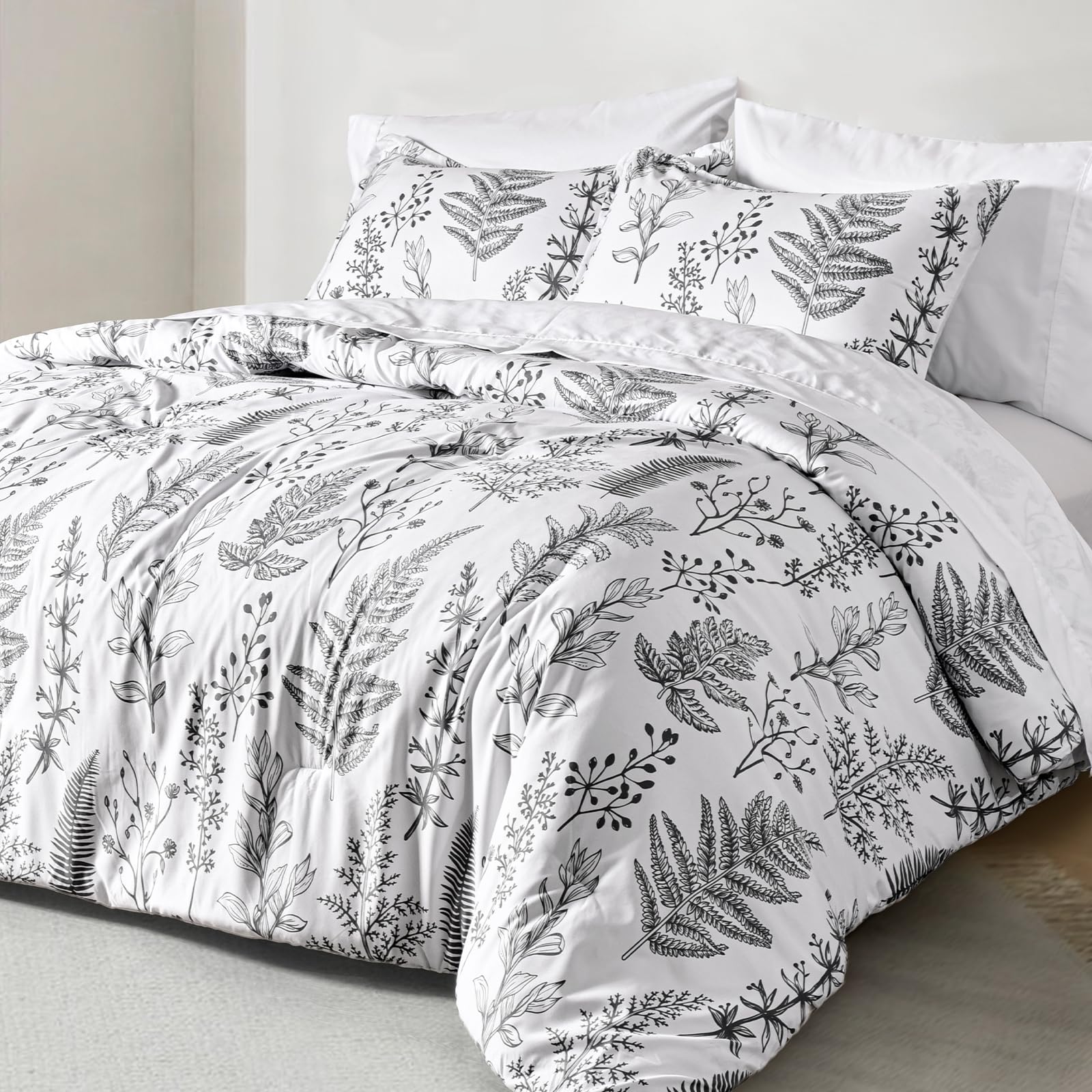 PHF 5 Pieces Twin Comforter Set, Ultra Soft Bed in A Bag Comforter & Sheet Set- Reversible Botanical Bedding Set Include Comforter, Pillow Sham, Flat Sheet, Fitted Sheet and Pillowcase, White