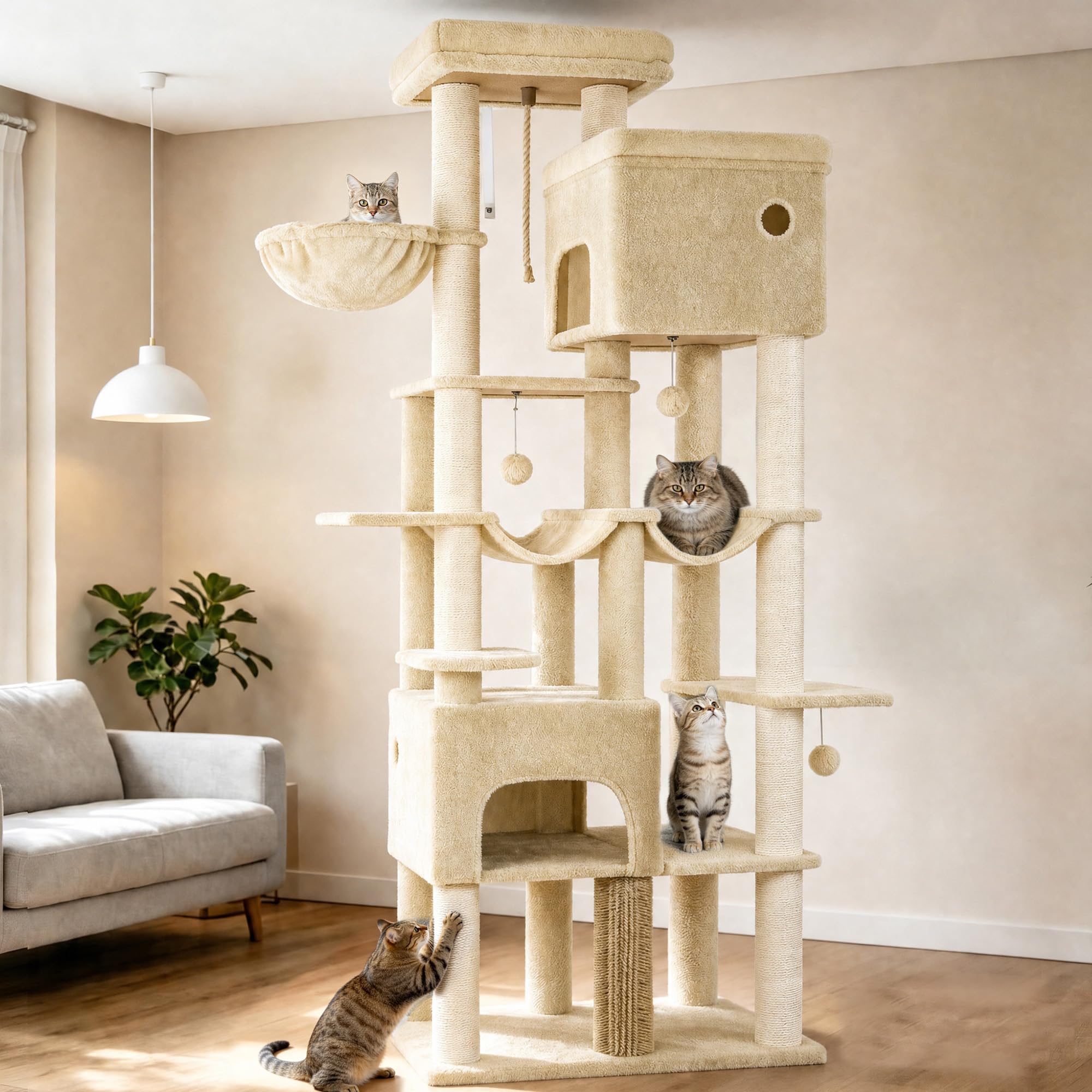 Hzuaneri Kratzbaum, 200cm XXL Kratzbaum mit 10 Kratzsäulen, 2 Höhlen, 2 Hängematten, große Plattform, Katzenbürsten, Korb,Schwerer Katzenbaum für Maine Coon, große Katzen, Beige MS20018YL