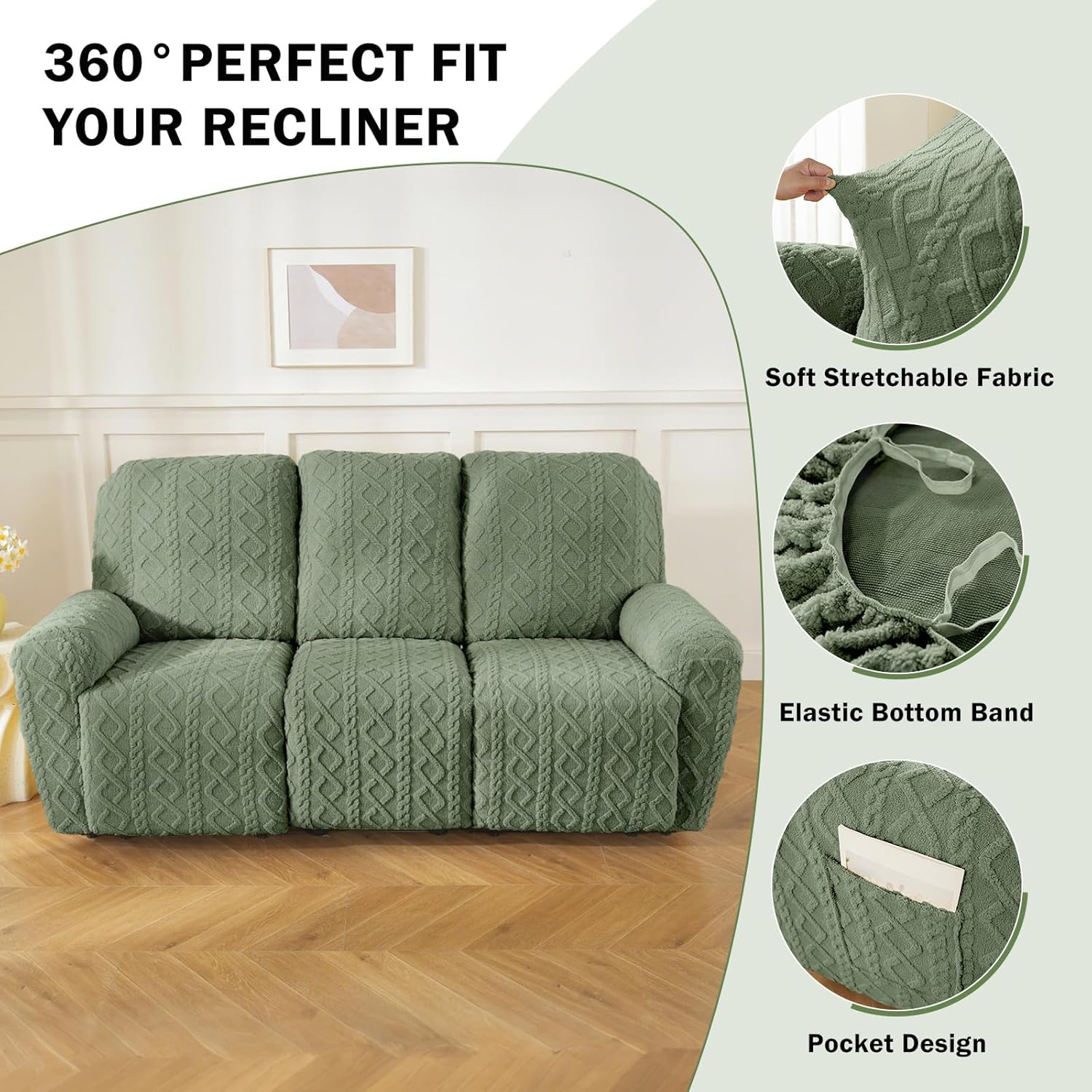 vctops 8 Pieces Geometric Jacquard Plush Recliner Sofa Covers Soft Fuzzy Fluffy 3 Seats Couch Cover Anti-Slip Sofa Slipcover Furniture Protector with Elastic Bottom for Kids Pet(Green,3 Seat)