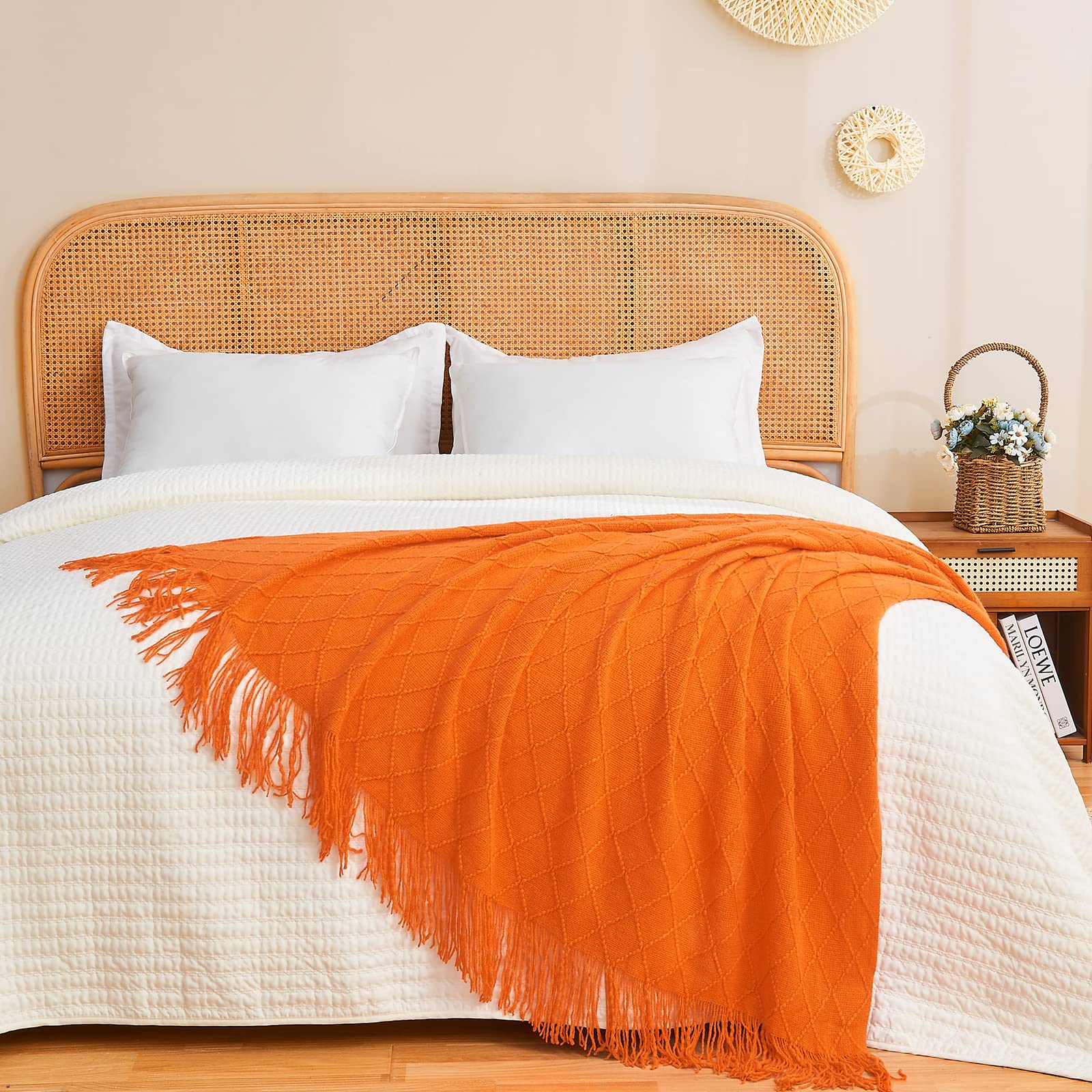 inhand Plaid tricoté doux, léger, chaud, respirant, pour canapé, salon, décoration d’intérieur, style rustique, convient en extérieur, 152,4 x 203,2 cm (lit 1 place), orange brûlé