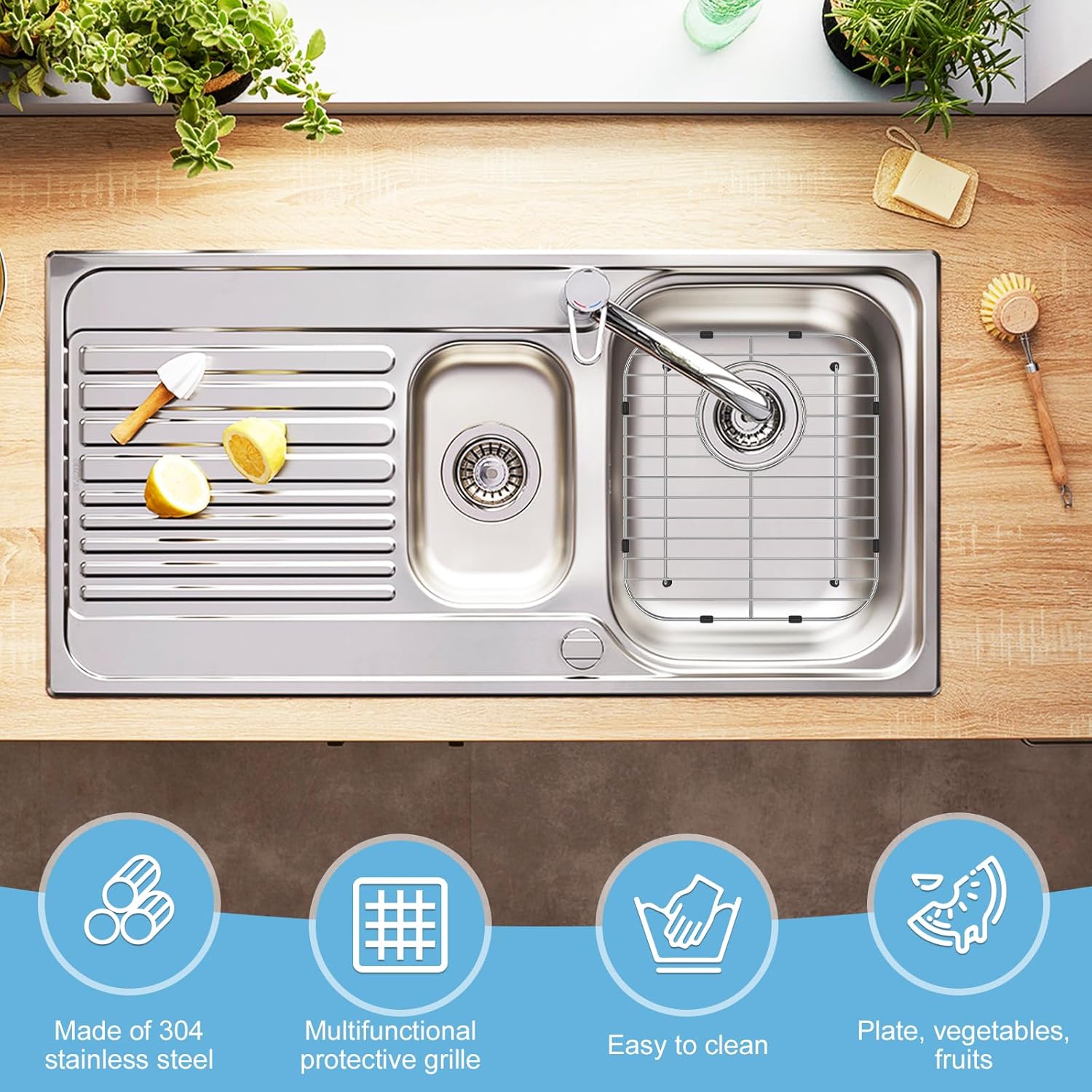 2Pcs Kitchen Sink Grid 304 Stainless Steel Sink Protectors Double Bowl Sink Bottom Grid with R50 Corner Large Sink Protectors Grid Multifunctional Dishes Drainer Grid for Sink 13x12inch
