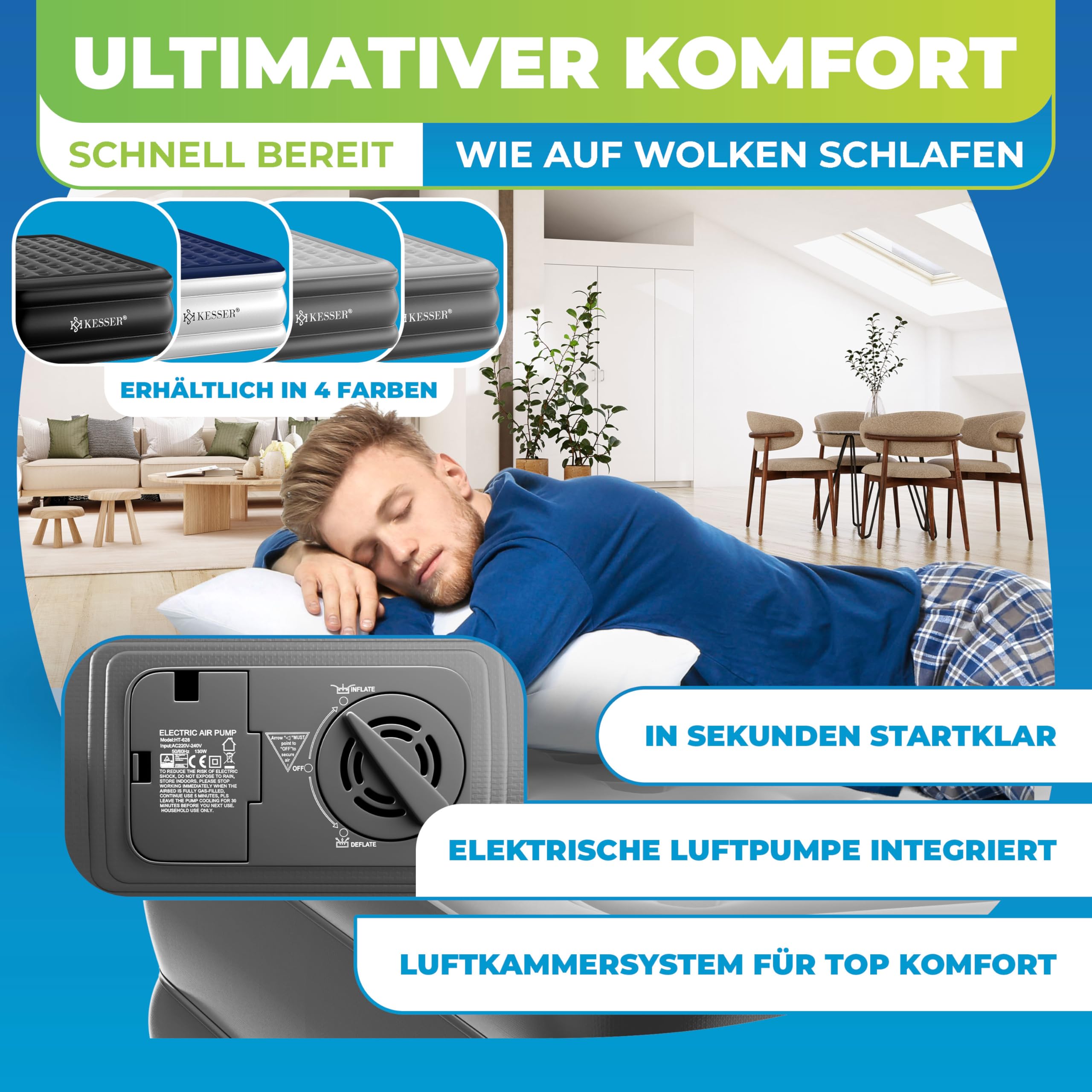 KESSER Nadmuchiwany materac dmuchany, samopompujące łóżko dla gości z wbudowaną pompką elektryczną, materac dmuchany na kemping lub do użytku domowego, z torbą, odpowiedni dla 1 osoby – 203 x 95 x 51