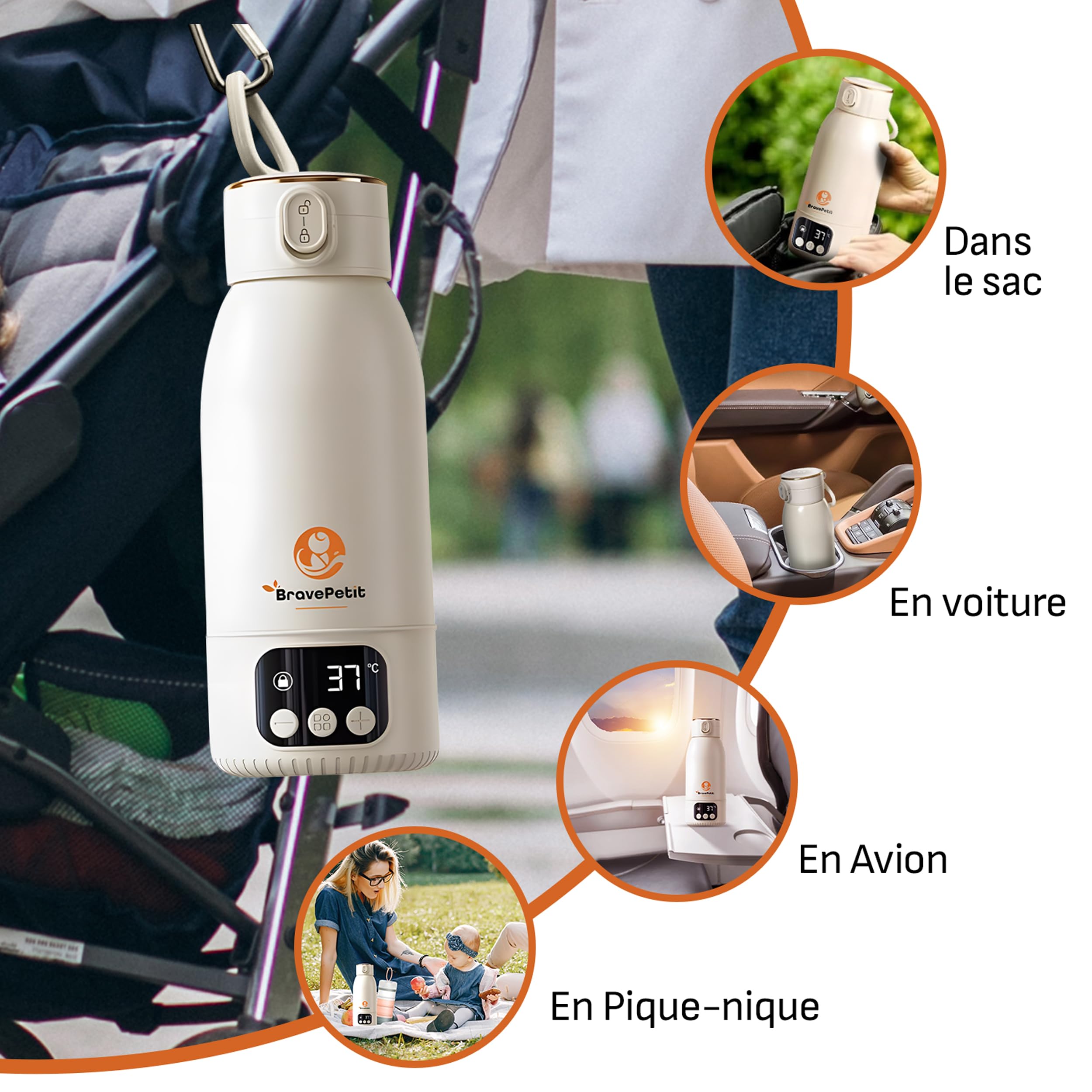 Chauffe-Biberon Portable Nomade, Chauffe Rapide Eau ou Lait, Autonomie Longue Durée, Recharge USB-C, Capacité 500ml, Boîte Doseuse 4 Compartiments, Idéal Voyage & Voiture