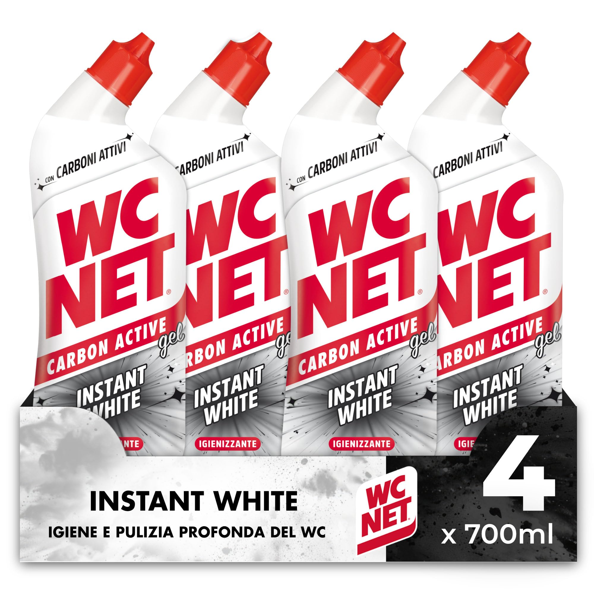Wc Net – Carbon Active Instant White, Detergente Liquido per WC con Carboni Attivi, Prevenzione del Calcare e Igienizzante per WC, 700ml x 4 Confezioni