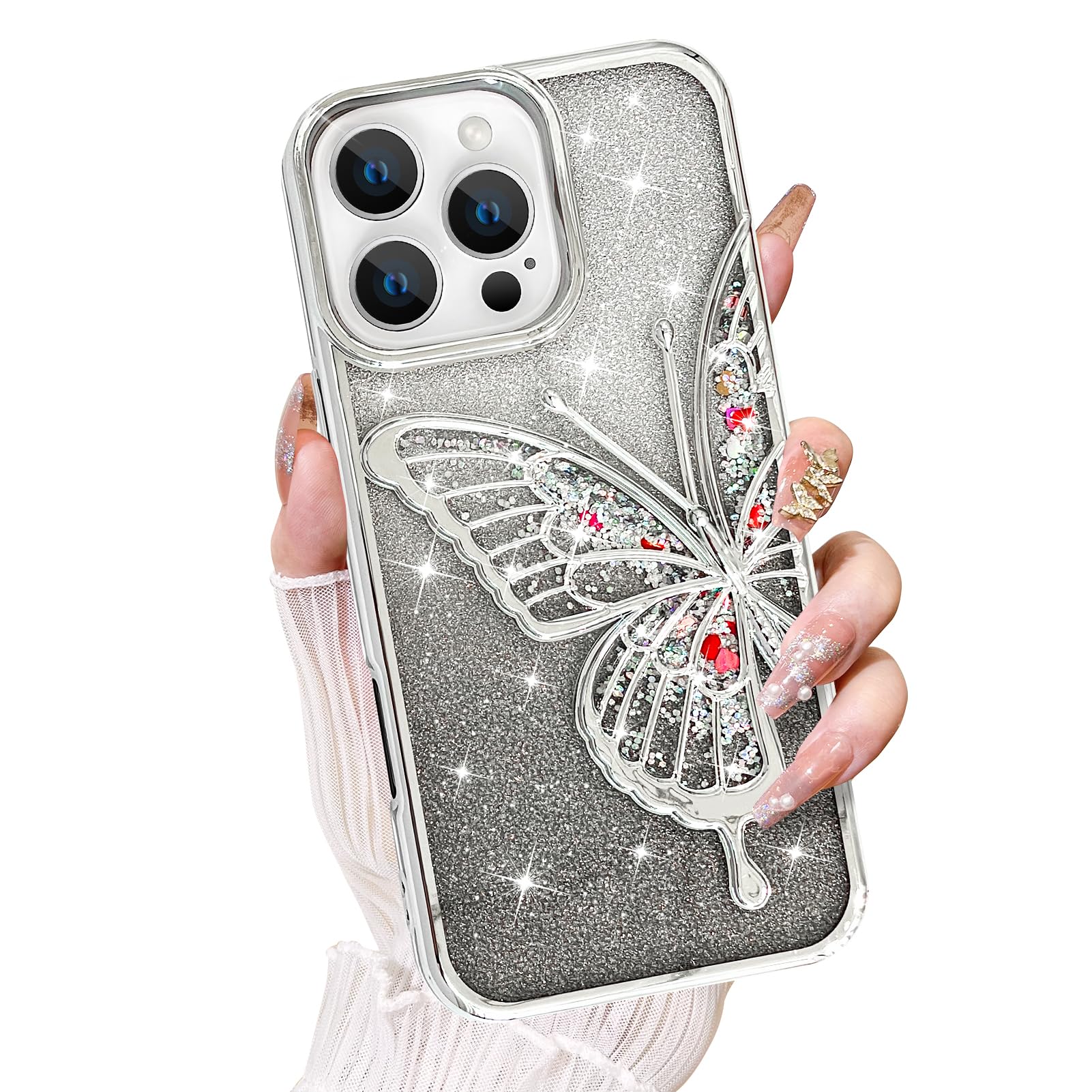 KANGHAR Compatible for iPhone 16 Pro Max Case, Clear Glitter Quicksand 3D Butterfly Bling Case for Women Girls Cute Gradie...