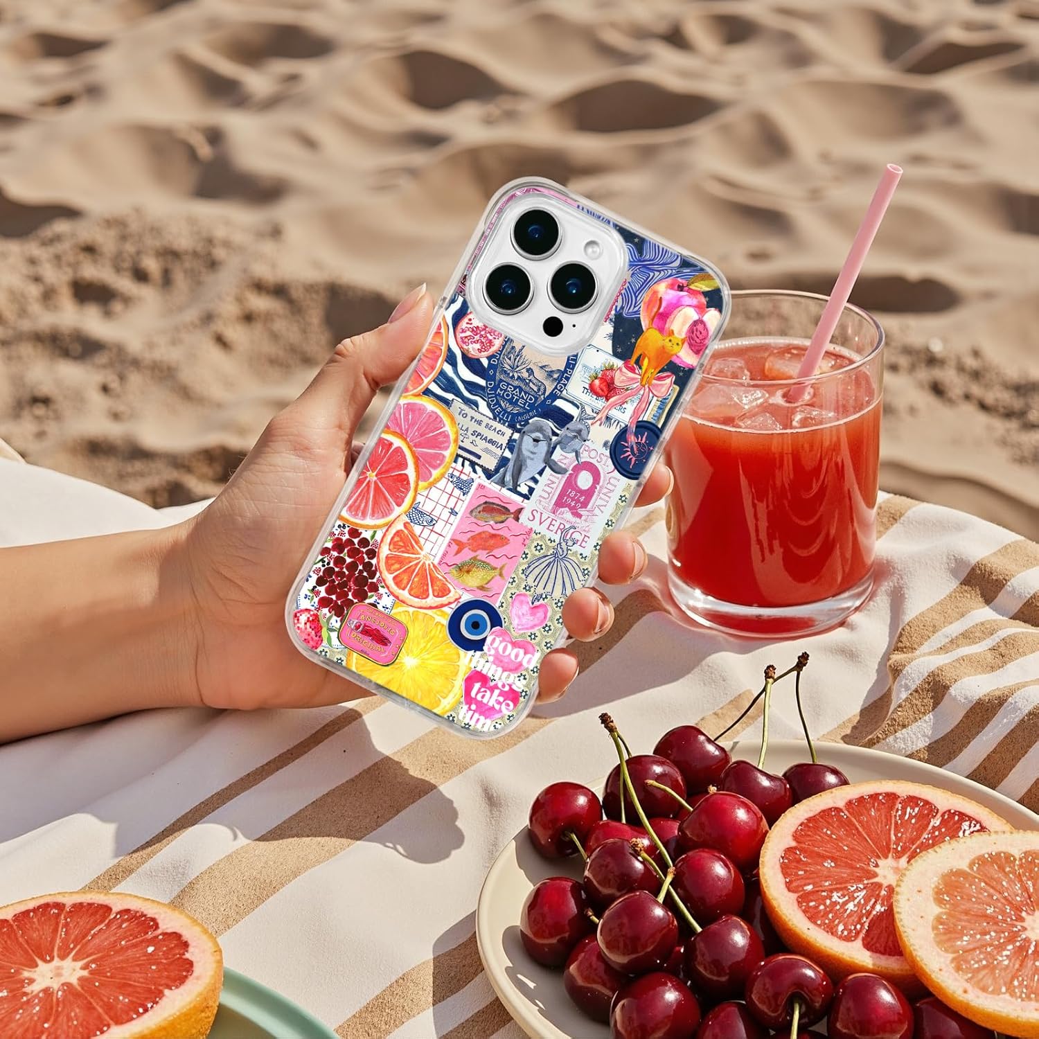 for iPhone 15 Case, Citrus Coastal Collage Pattern with Vintage Postcards, Y2K Boho Soft Slim TPU Protective Cover Compatible with MagSafe, Camera Protection for Women & Girls
