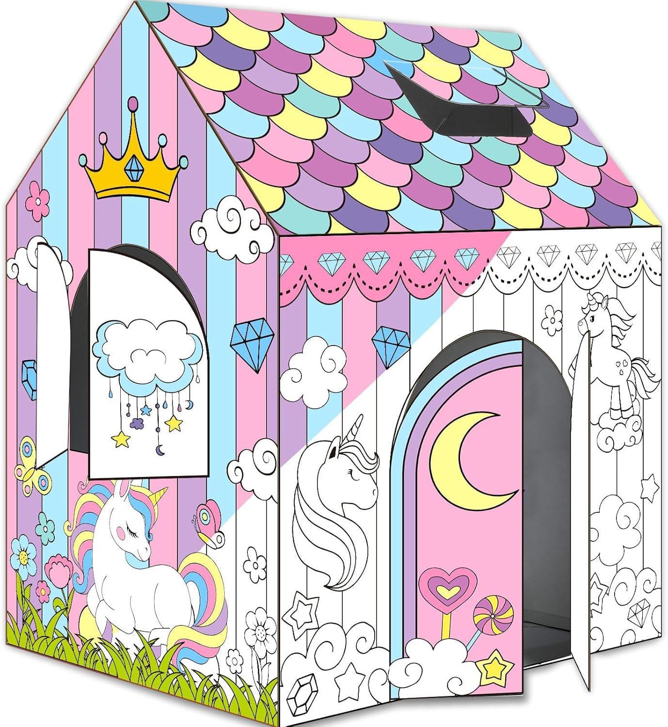Unicorn Playhouse Cardboard Huge DIY Coloring Unicorn Large Spring Color Easy House Indoor Outdoor Art and Craft for Cardboard House to Color Decorate and Personalize 32"X 26"X 41"