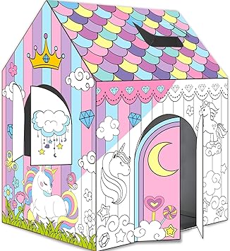 Unicorn Playhouse Cardboard تلوين DIY ضخم Unicorn لون ربيعي كبير منزل سهل الفن والحرف الداخلية والخارجية لمنزل من الورق المقوى لتلوين الديكور وتخصيص 32"X 26"X 41"