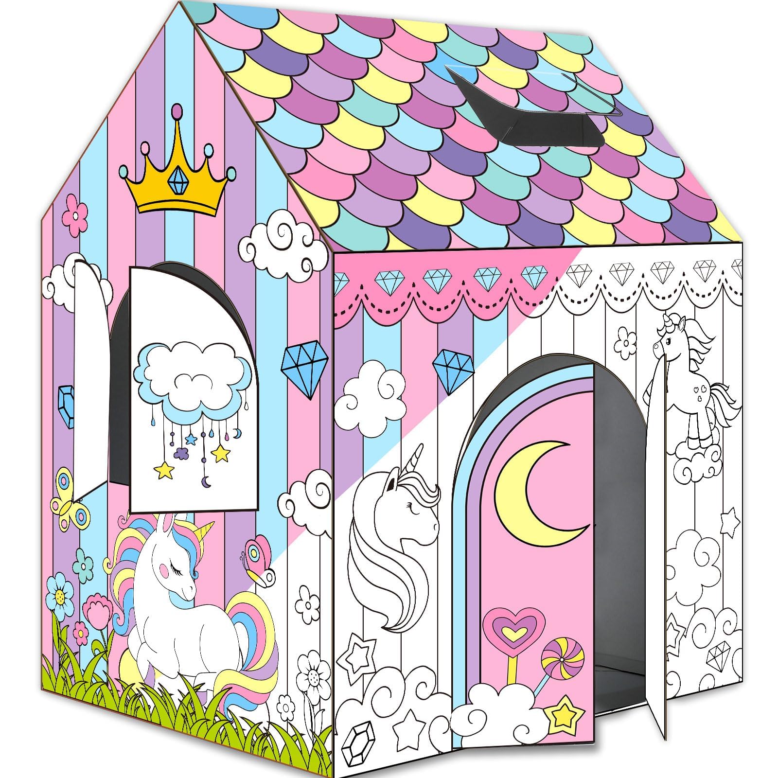 Unicorn Playhouse Cardboard Huge Kids DIY Coloring Unicorn Large Spring Color Easy House Indoor Outdoor Art and Craft for Kids Cardboard House to Color Toddler Decorate and Personalize 32