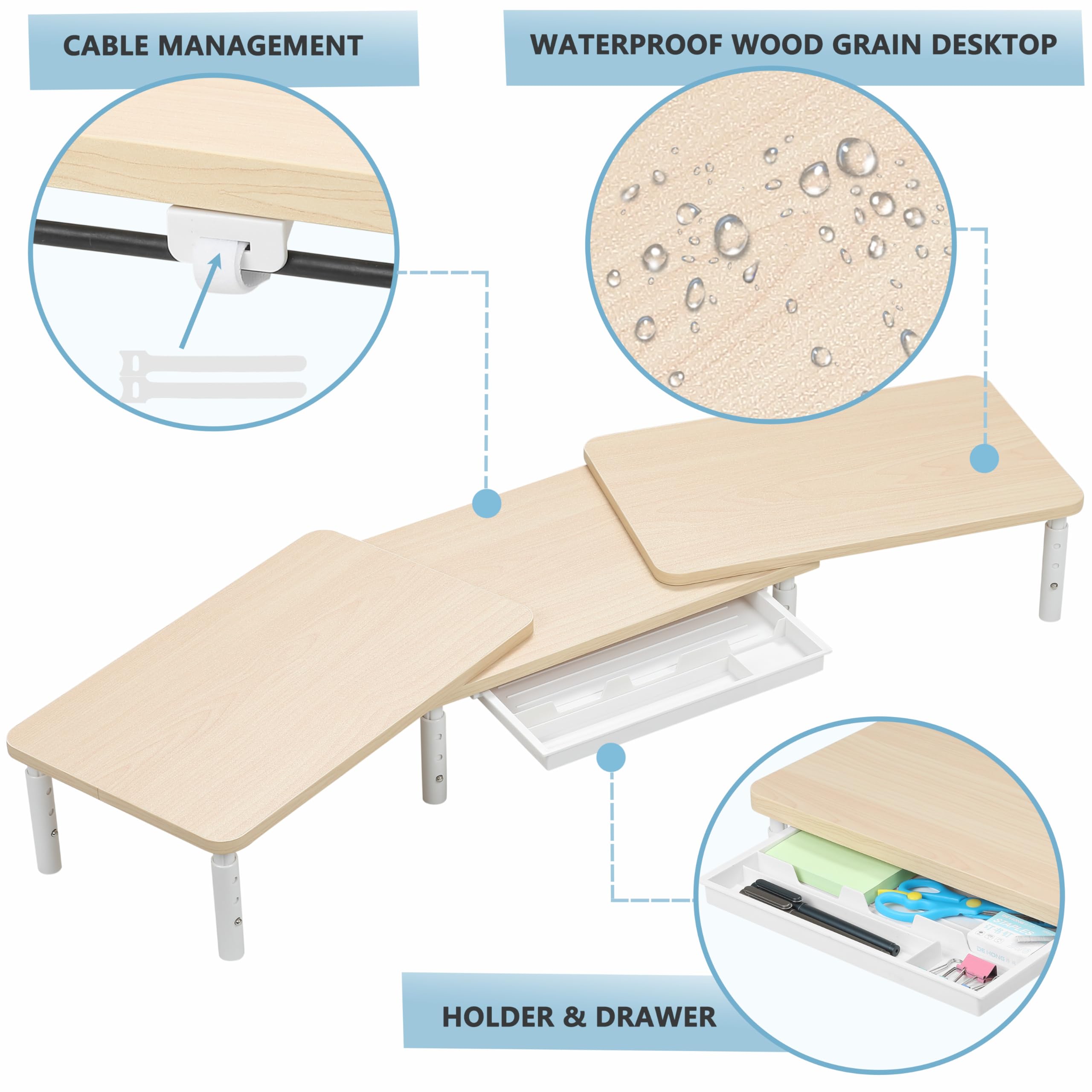 ETHU Supporto per Doppio Monitor Stand Riser e Smartphone, Lunghezza Regolabile e Angolo di Rotazione in Legno, Organizer da Tavolo, accessori da ufficio, regolabile in altezza