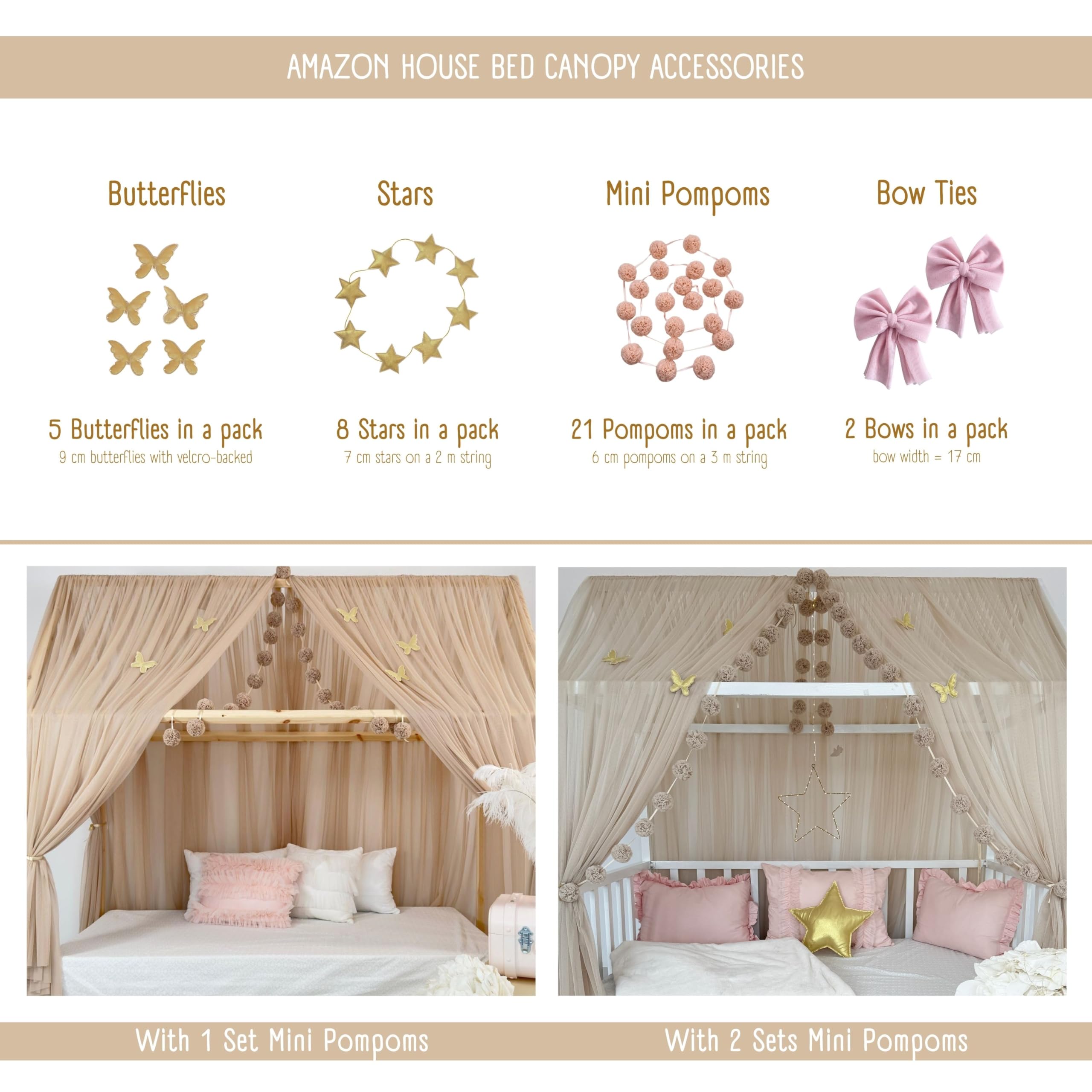 Toldo de cama estilo princesa para niñas, decoración de habitación de niños para camas Montessori, regalo de tul suave para niños pequeños (beige, 440 cm, juego 1)