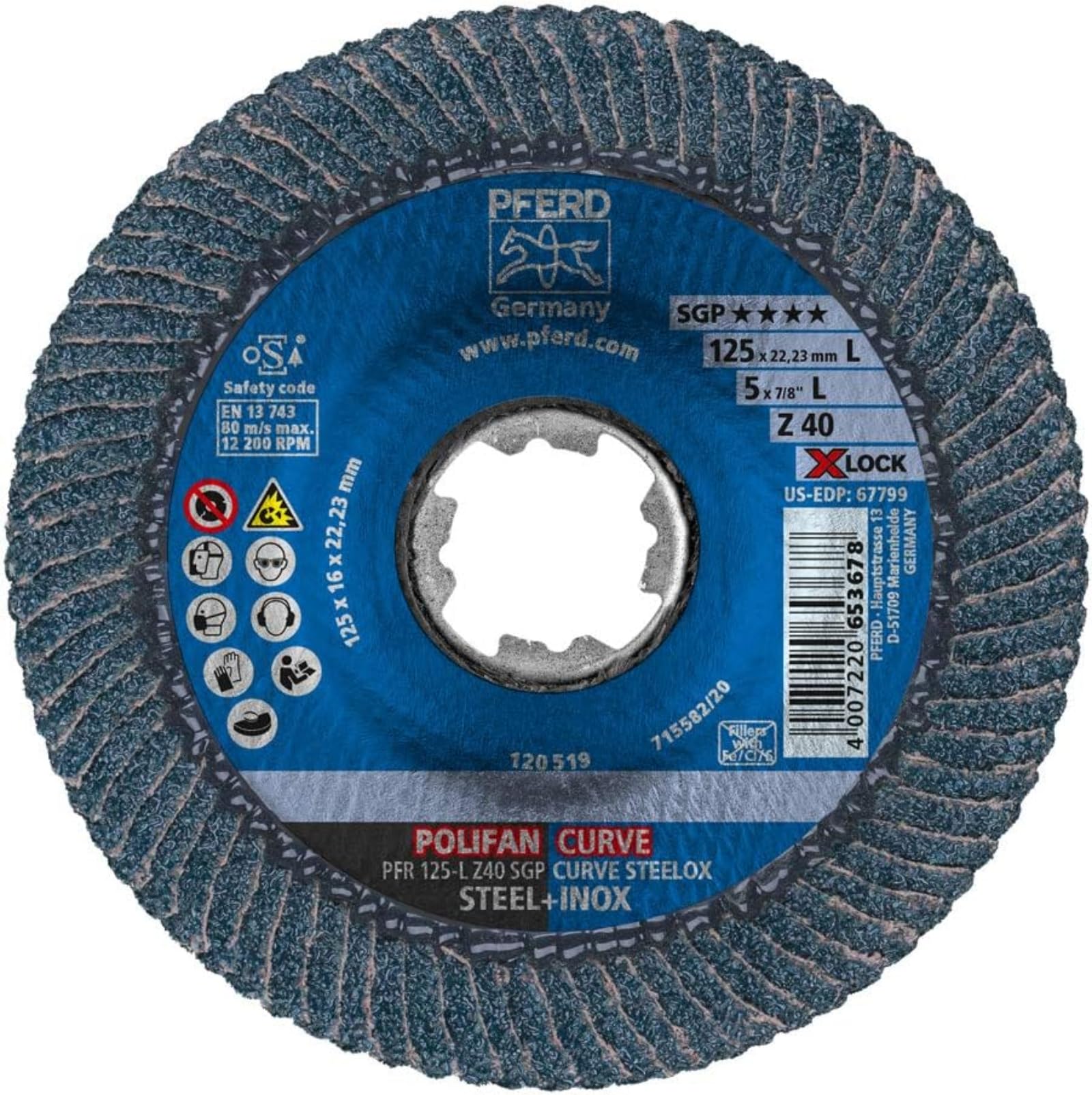 PFERD Disco de láminas Polifan Curve, 10 unidades, 125 mm x 14 mm, Z40, X-LOCK (22,23 mm), SGP STEELOX, 67689063 – para un mecanizado preciso de costuras de empalme