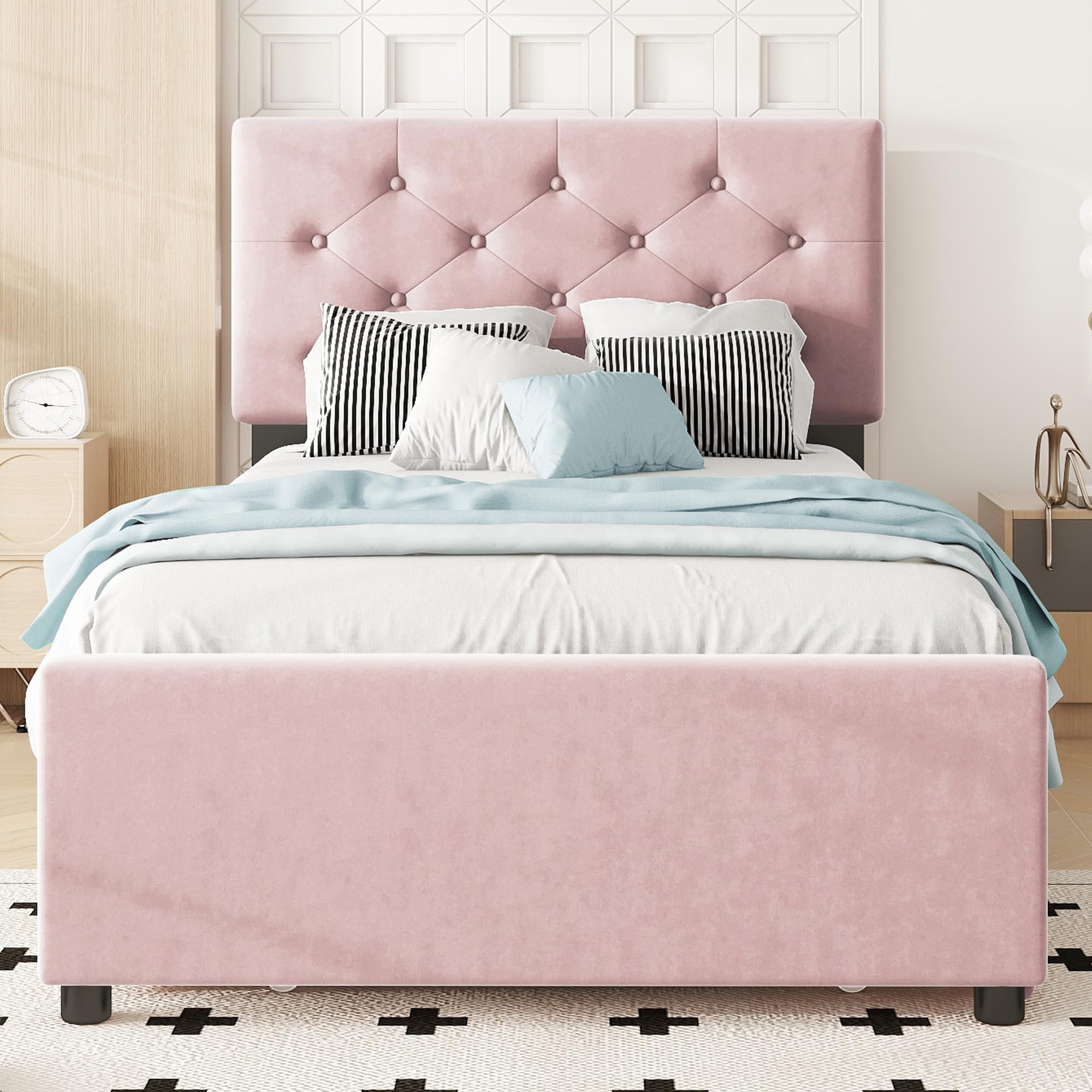 Cama acolchada 90 x 200 cm, somier (sin colchón), nido de terciopelo, minimalista (rosa)