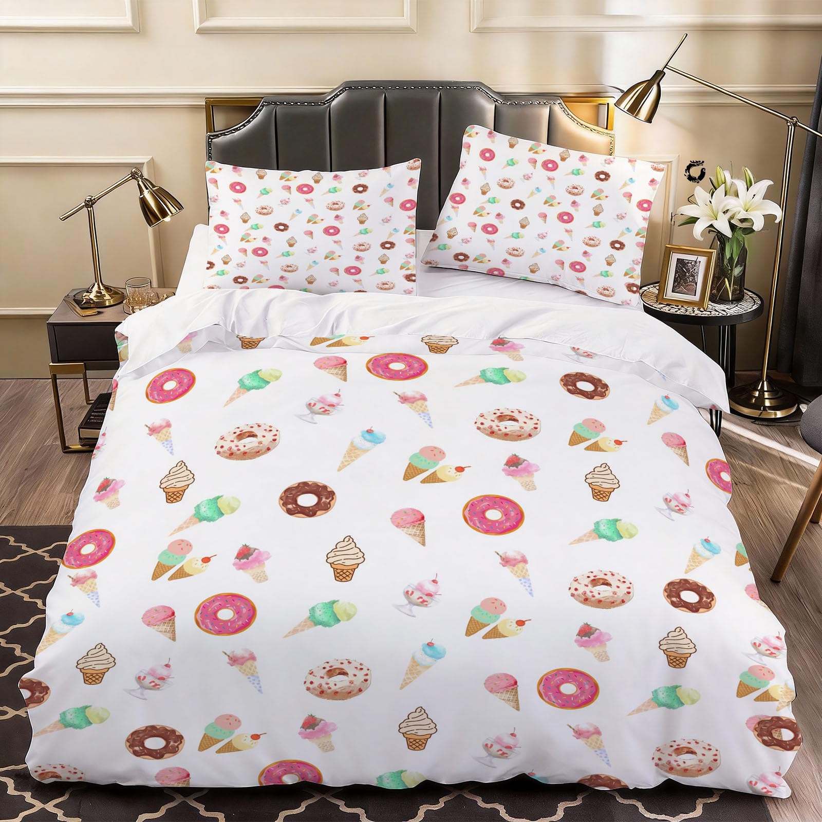 3D Donut Duvet Cover Cute Bedding Single Bed Set, Soft Microfiber Comforter Cover Printed with Zipper Closure Quilt Coverr 135x200 cm and 2 Pillowcases