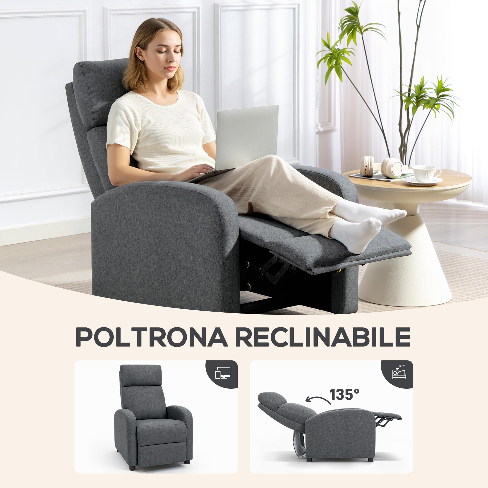 HOMCOM Poltrona Relax Imbottita con Poggiapiedi 69x87x100.5 cm Grigio | Schienale Reclinabile 135°, Poggiapiedi Estraibile, in Lino