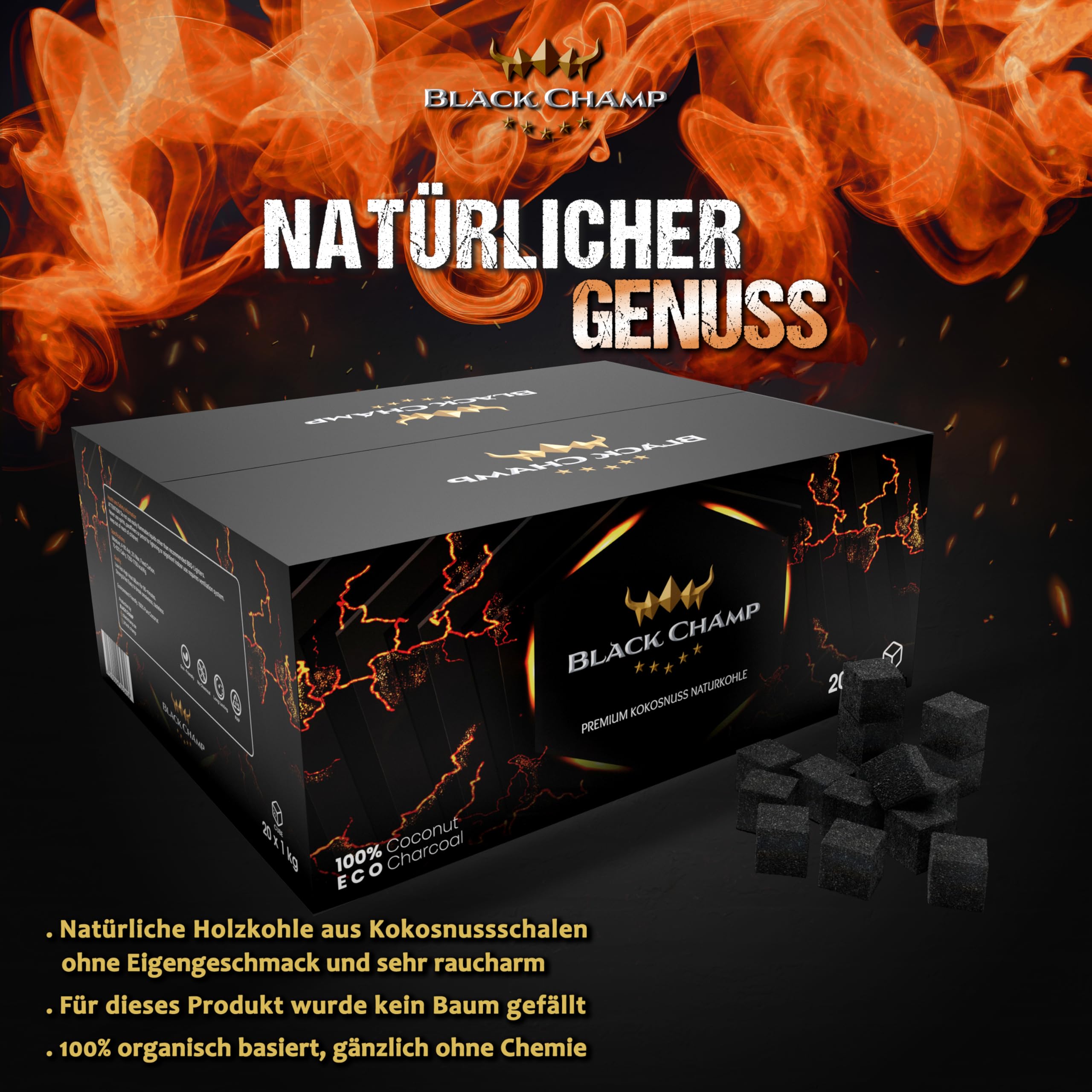 Shisha Kohle | 27 mm | 10 kg | Black Champ | Premium Naturkohle aus Kokosnussschalen| Für Shisha und Grill