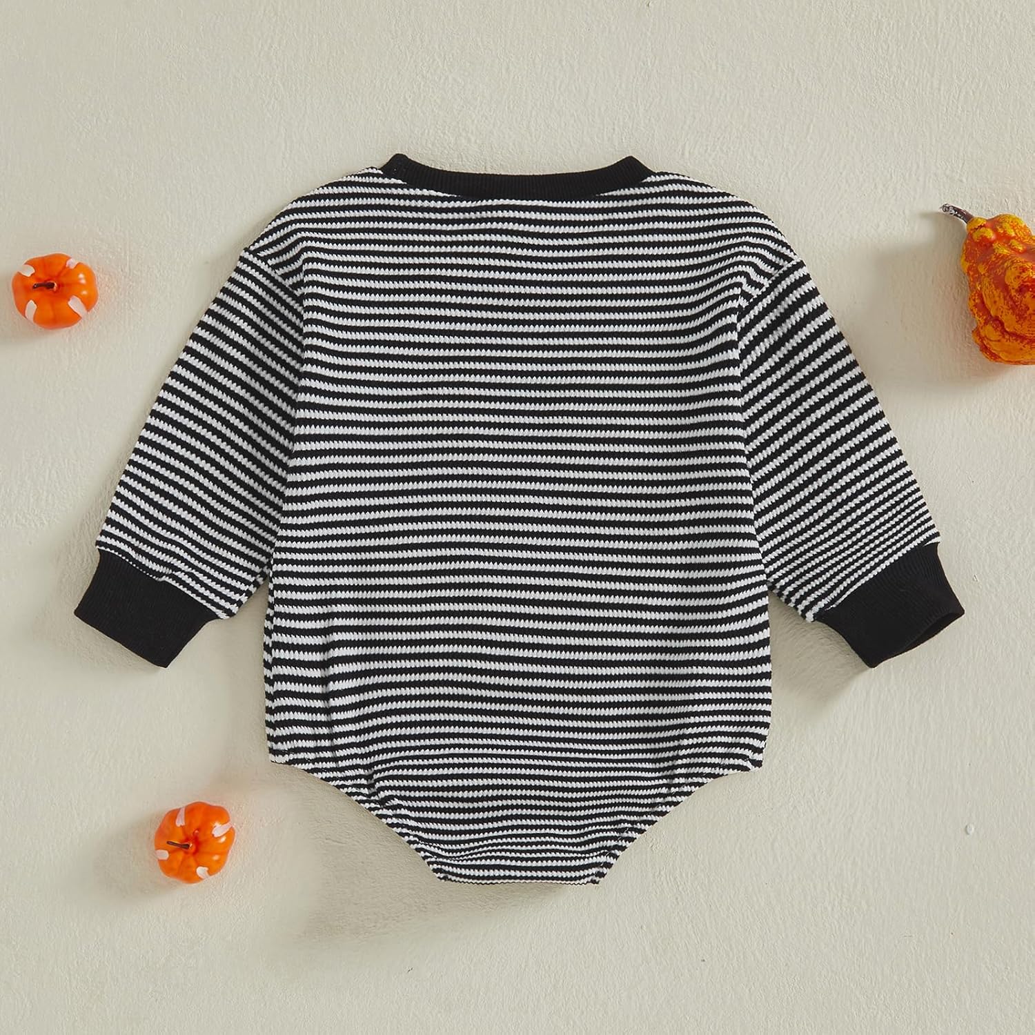 Newborn Infant Baby Boy Girl Halloween Outfit Pumpkin Ghost Embroidery Striped Bubble Romper Waffle Knit Bodysuit - Image 7