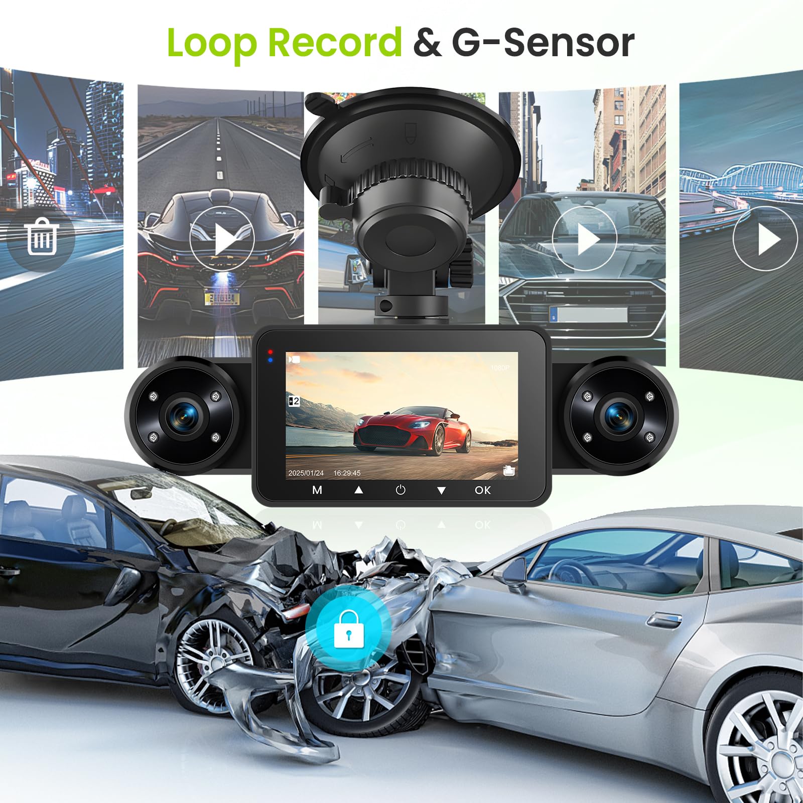 Hodozzy 4 Canales Dashcam, 1080P 360° Cámara de Coche Delantera y Trasera Interior con Grabación en Bucle, Visión Nocturna, Sensor G, Modo Aparcamiento, Compensación de Exposición TF y Dsah Cámara