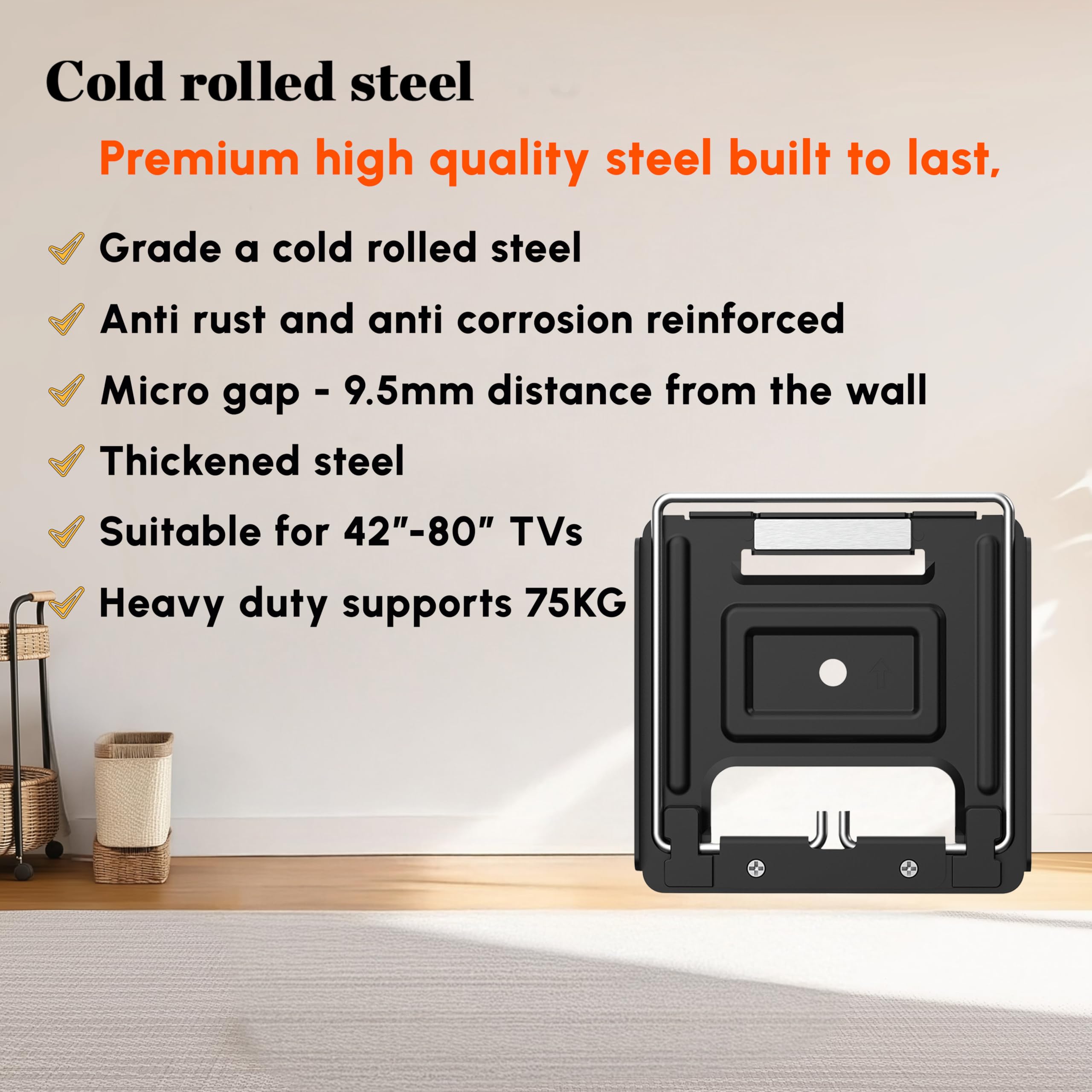 eBii Ultra Slim Micro Gap TV Wall Mount for 42"-80" Tvs, Flush Against the Wall, Universal Fixed TV Wall Bracket, Magnetic Contacts, Decorative Cover, Cable Management Kickstand - 4