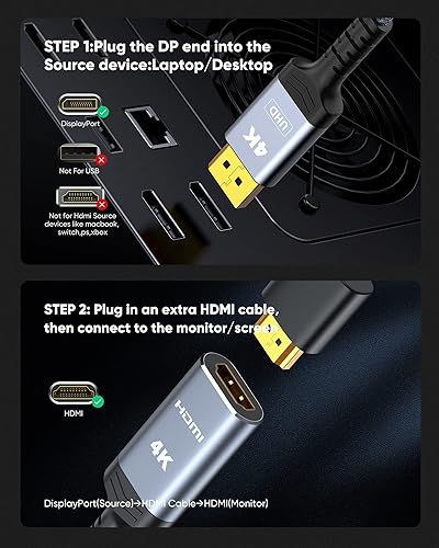 Miniatura 3 de Highwings Adaptador DisplayPort a HDMI 4K y cable DisplayPort a HDMI 4K de 10 pies