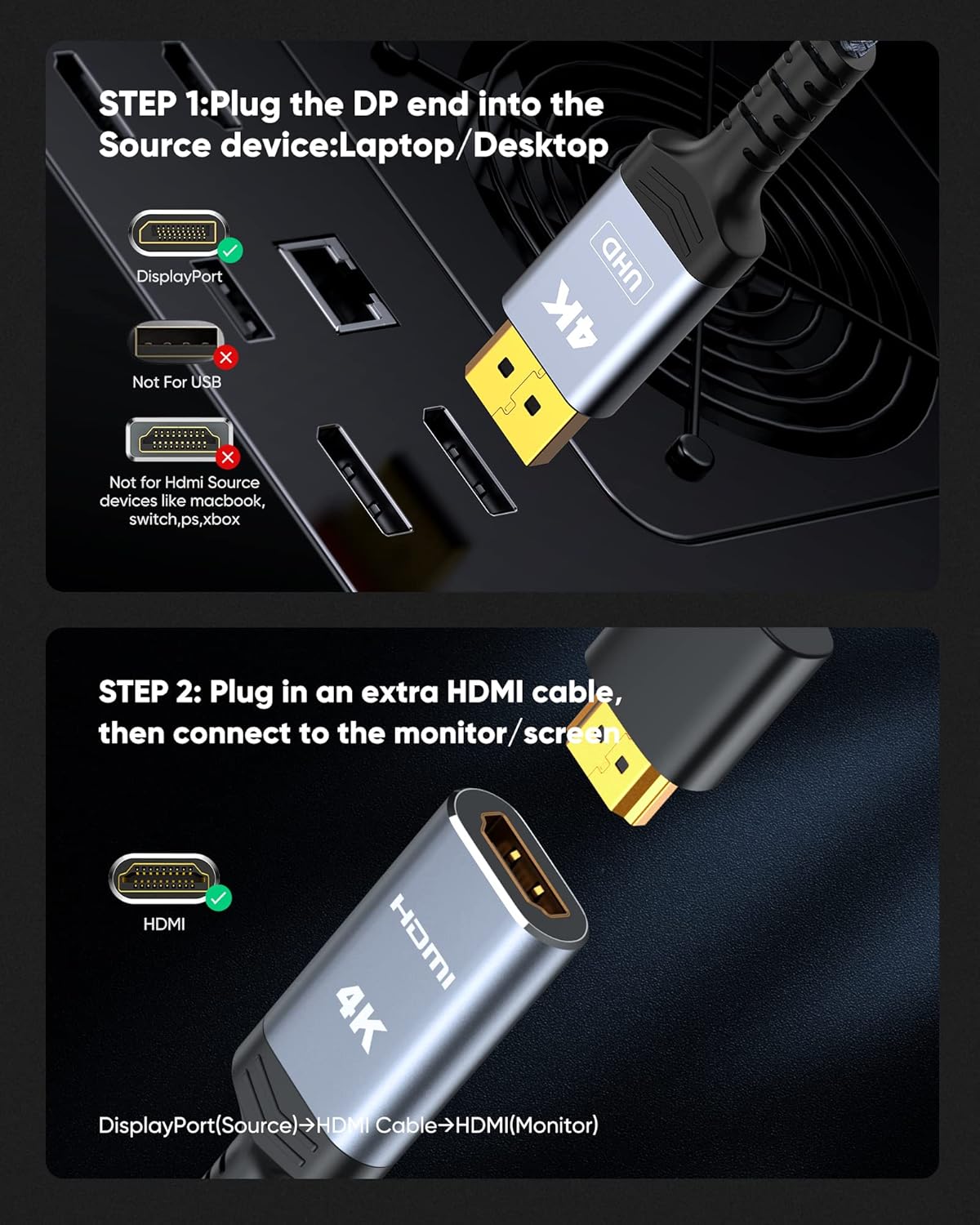 Highwings 4K Display Port to HDMI Adapter, Uni-Directional DP 1.2 Computer to HDMI 2.0 Screen, DisplayPort to HDMI Adapter (Male to Female), SR Anti-Break, No Latch, for Dell HP AMD NVIDIA, Passive
