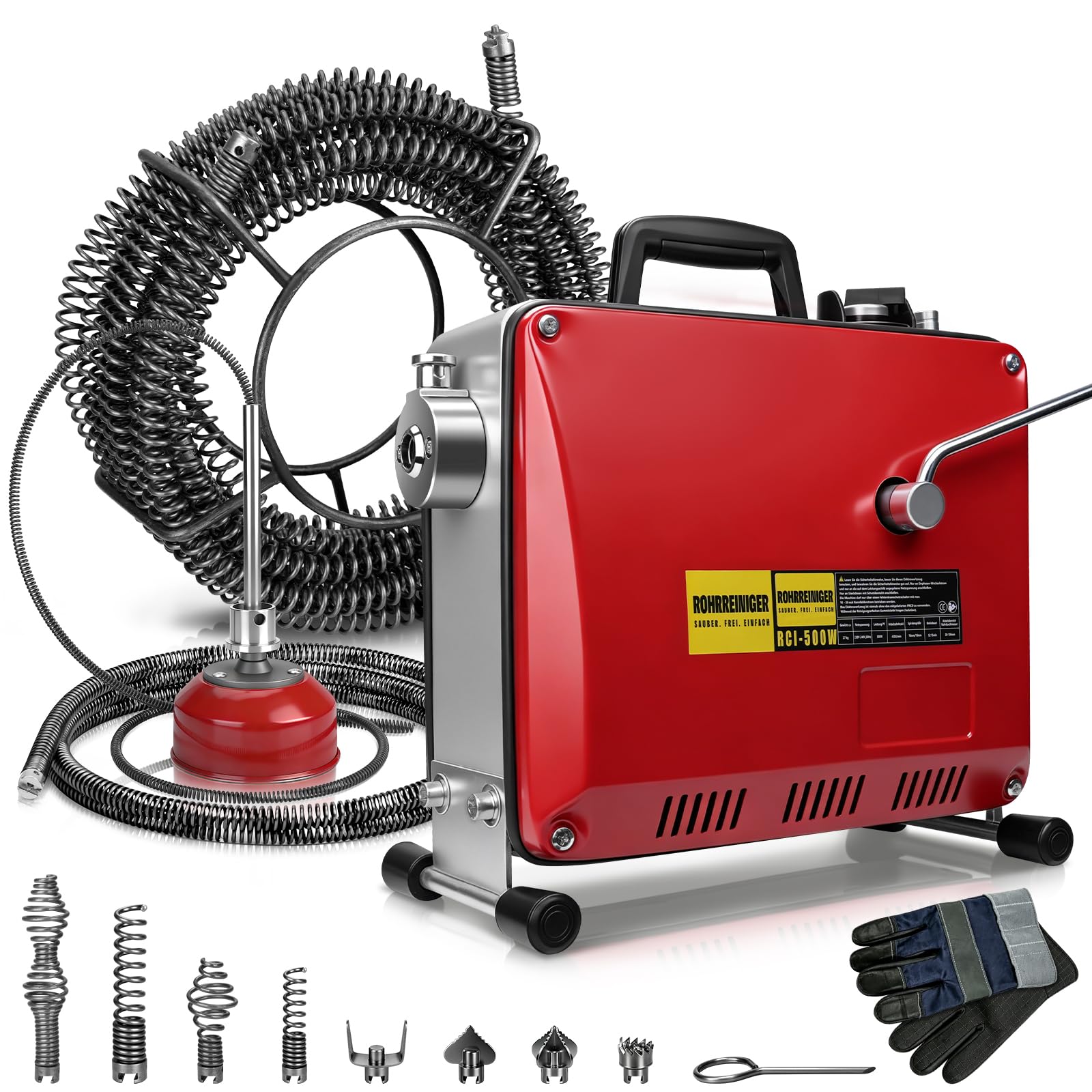 500W Elektrisch Rohrreinigungsmaschine mit 13X köpfe Ø16mm 21M + Ø10mm 5M | f. Ø30-100 mm Rohrleitungen, 450 U/m, Elektrisch Rohrreinigungsgerät Rohrreiniger Reinigung Abflussreiniger Rohrreinigung
