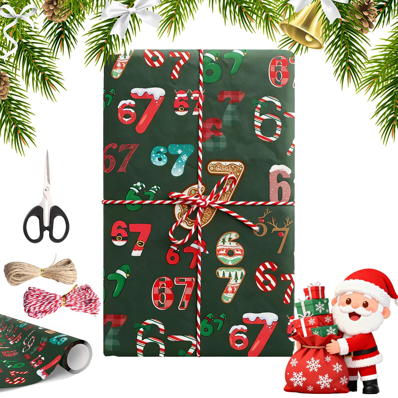 67 Wrapping Paper, 90 * 50cm 67 Christmas Wrapping Paper, Funny Gift 6 7 Wrapping Papers, White & Green DIY Gift Wrapping Papers (green)