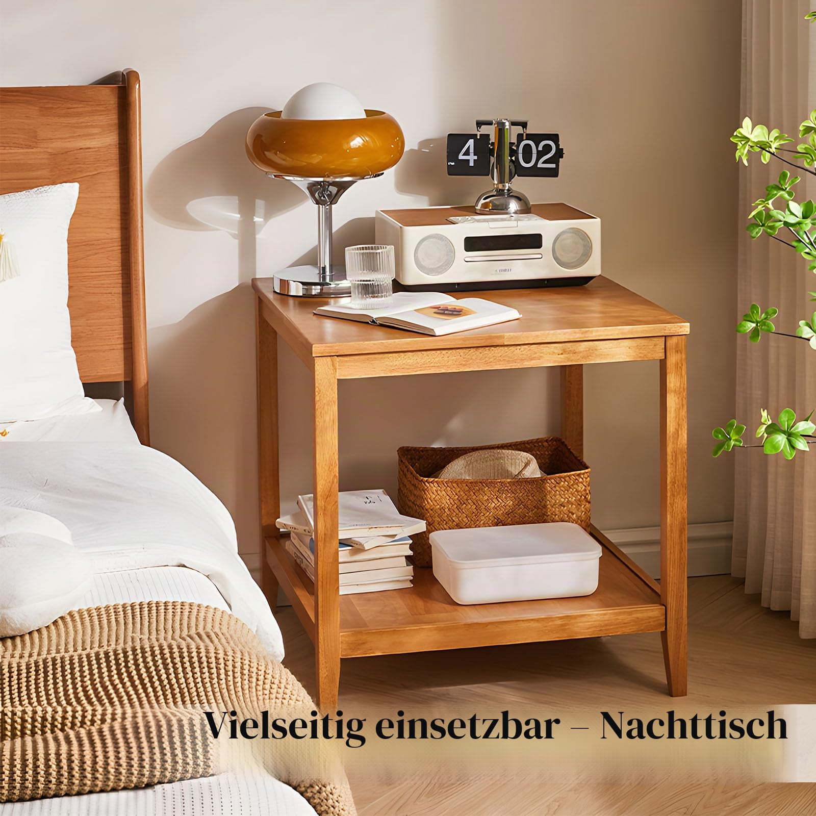 Beistelltisch aus Massivholz, Quadratischer Couchtisch mit Ablage, 2-Ebenen Kaffeetisch für Wohnzimmer, Nachttisch aus Gummibaumholz, 60 x 60 x 60 cm (Natur)