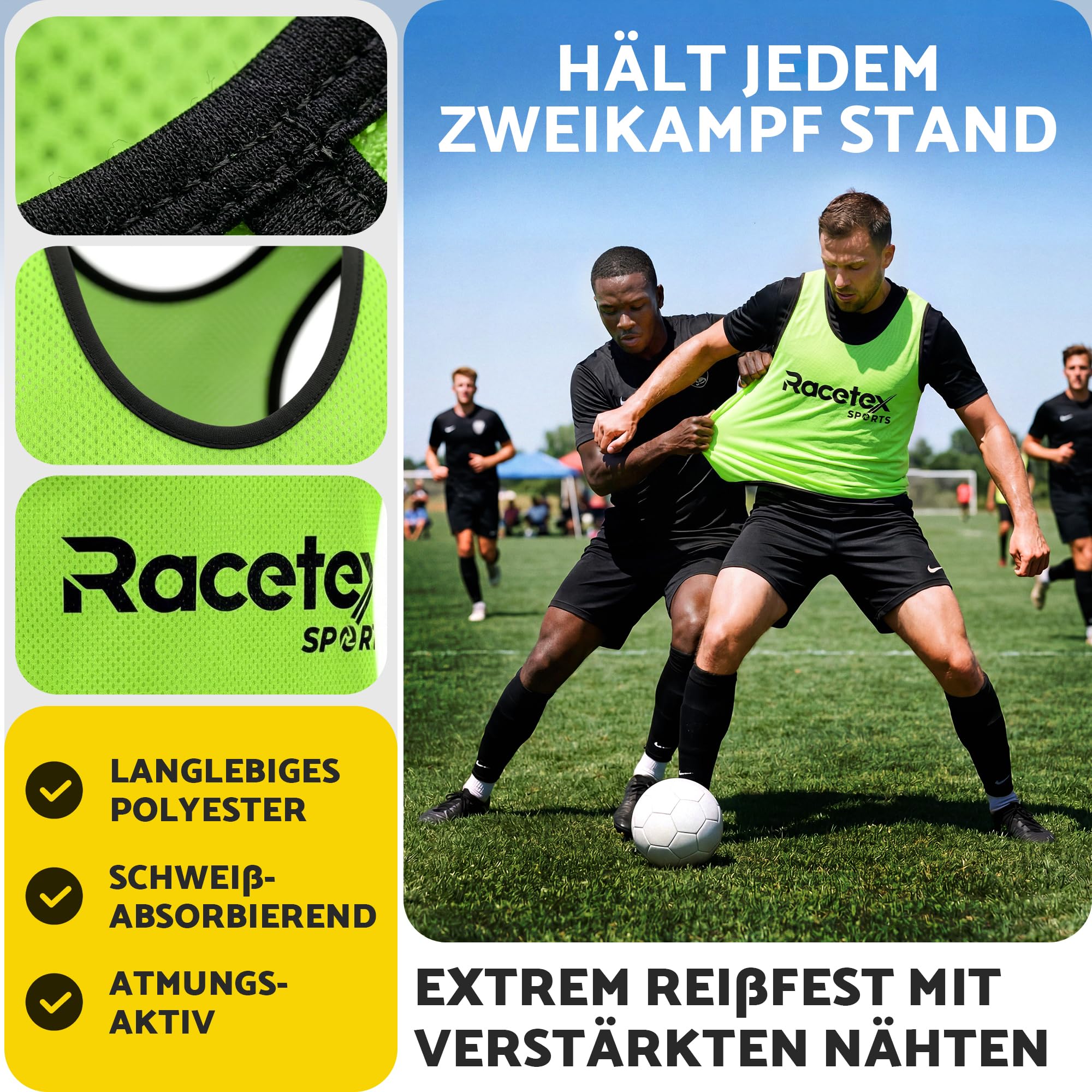 Racetex Leibchen Fussball Kinder und Herren 10er Set – Leibchen Fussball Herren und Damen – Leibchen Kinder mit atmungsaktives Mesh, leuchtende Farbe inkl. Netzbeutel für mühelose Mitnahme