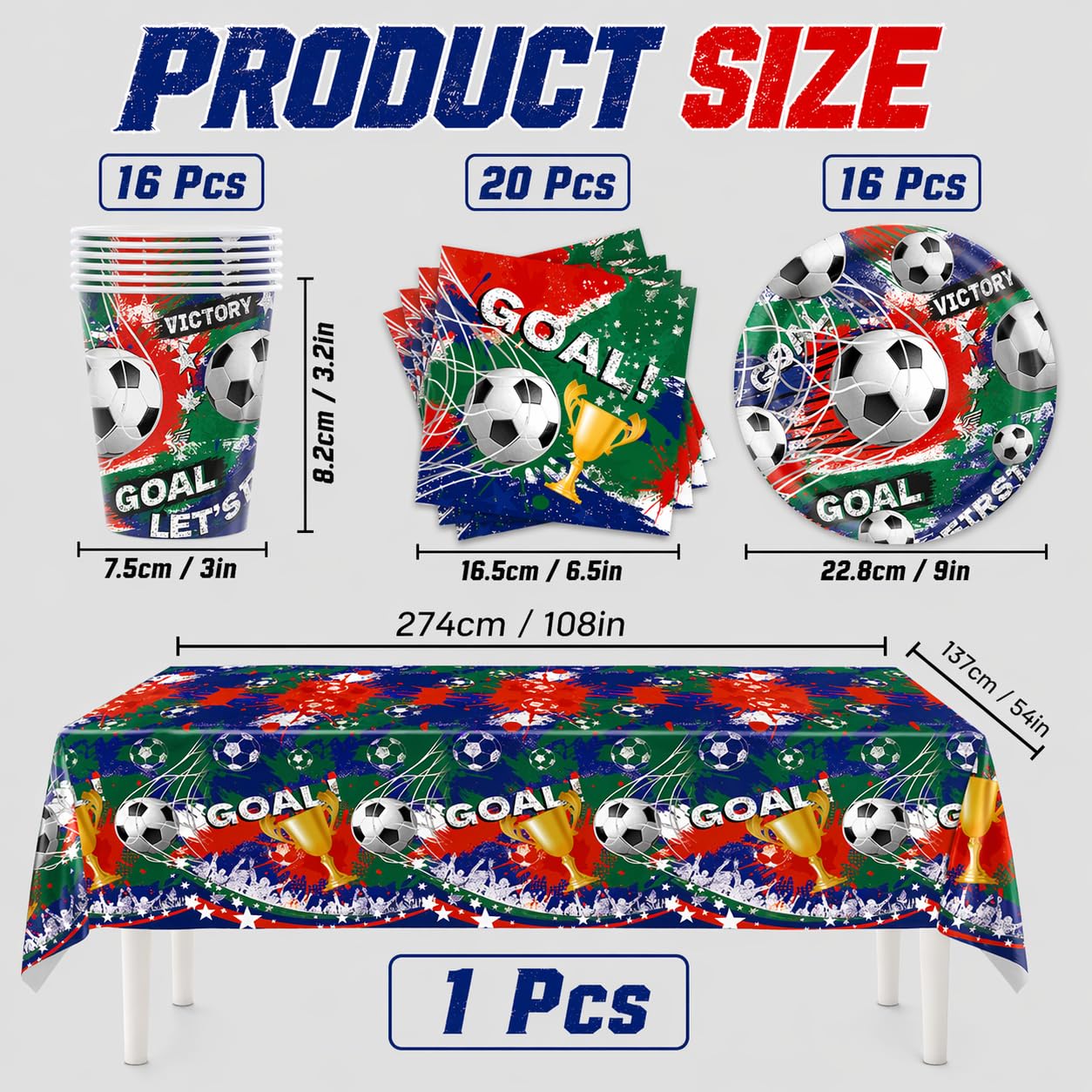 Vajilla fútbol Copa 2026 53 piezas para 16 personas con mantel | Set completo de mesa con platos vasos servilletas y mantel para días de partido eventos deportivos y fiestas