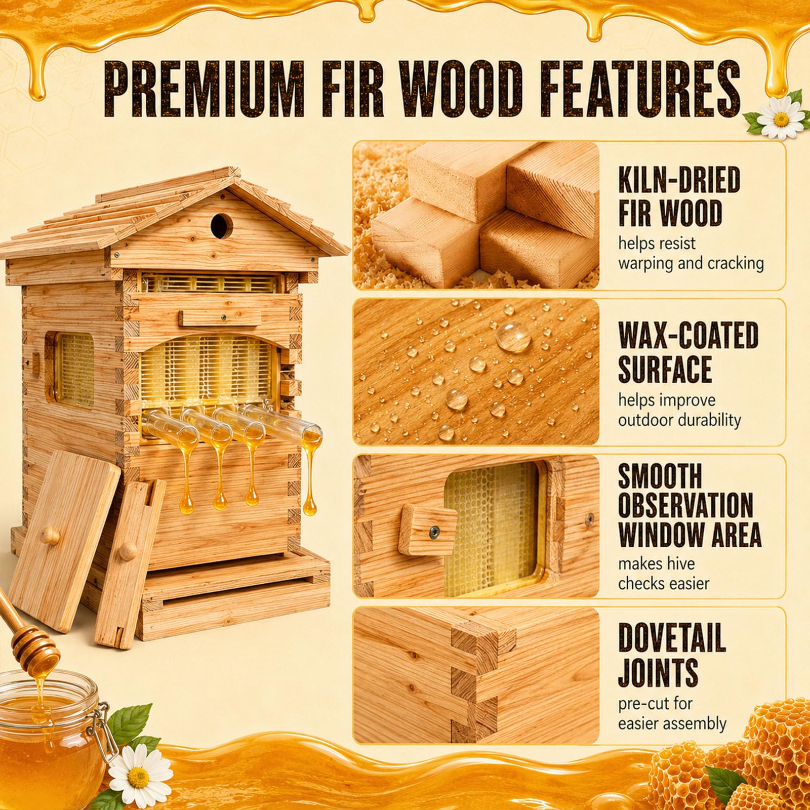 Kit Per Arnia In Legno, Arnia Autoportante, Arnia Autoportante 4spleens | Kit Di Avviamento Completo, Finestra Di Visualizzazione Trasparente, Abete Rivestito Di Cera, Raccolta