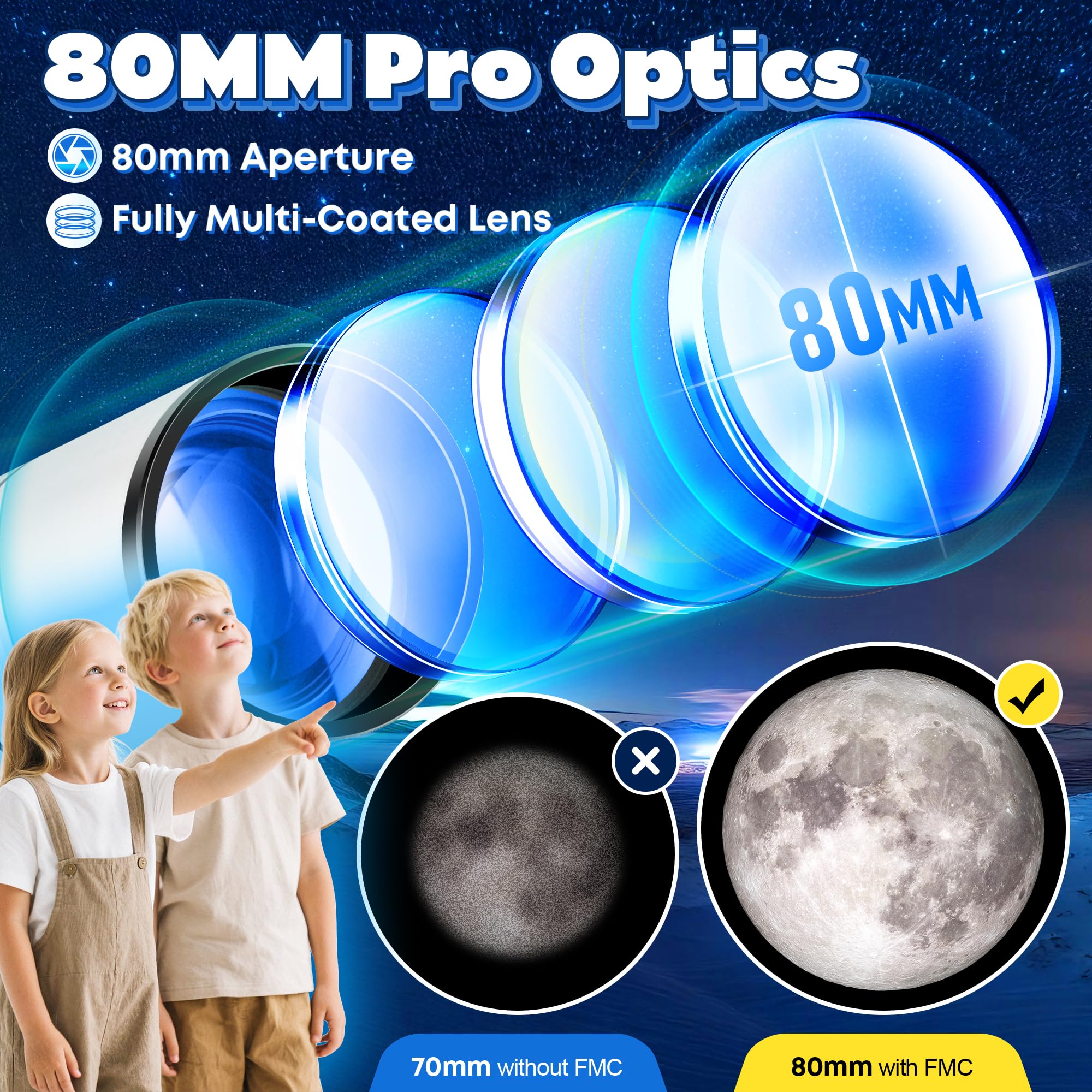Telescopio para Adultos, 80mm Apertura 500mm Refractor Telescopios Astronómico para Principiantes con Adaptador para Teléfono, Pegatinas Decorativas