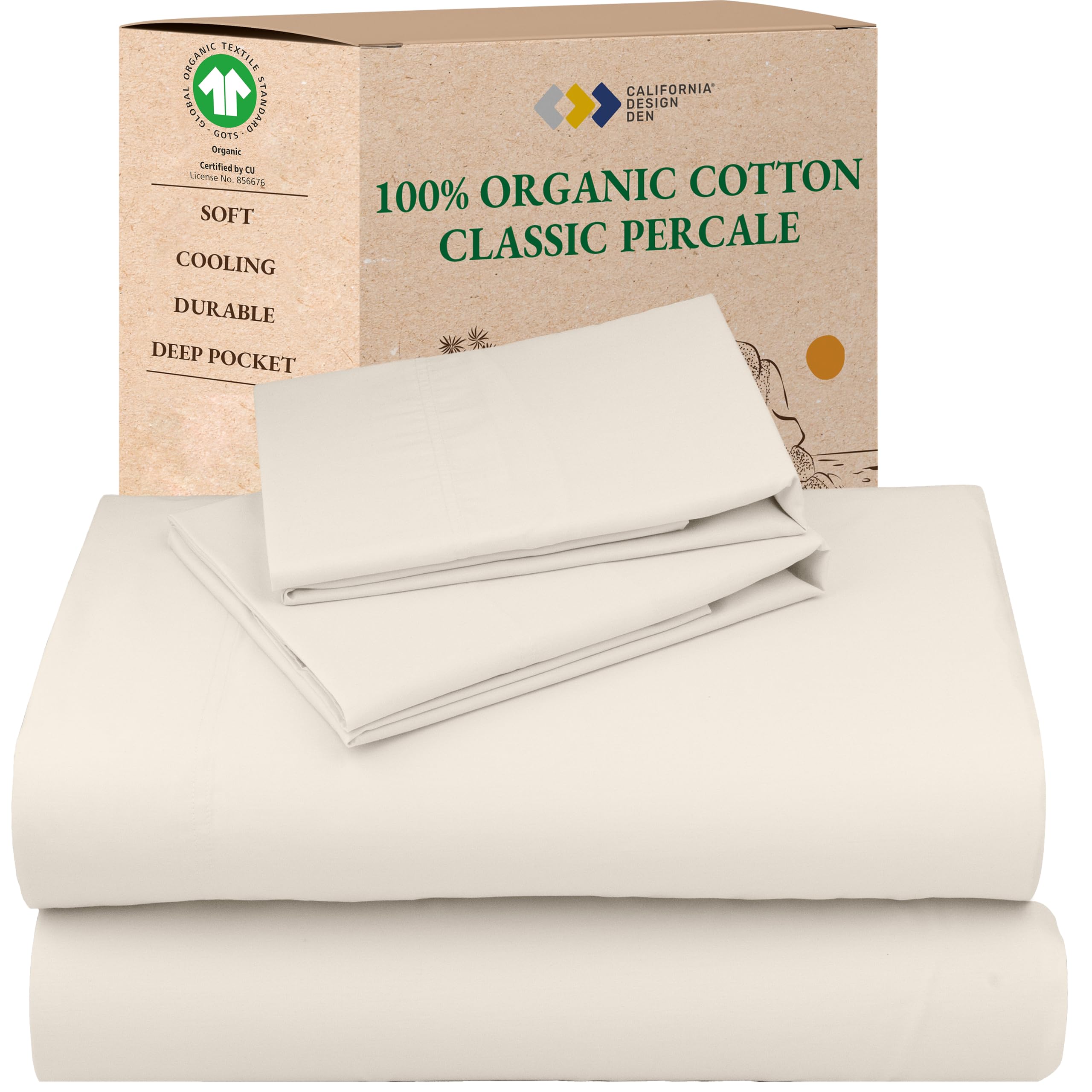 California Design Den King Sheets Set - Soft 100% Organic Cotton Sheets with Deep Pockets, Crisp Percale, Breathable and Durable Bedding Set - Ivory (Cream Tone)