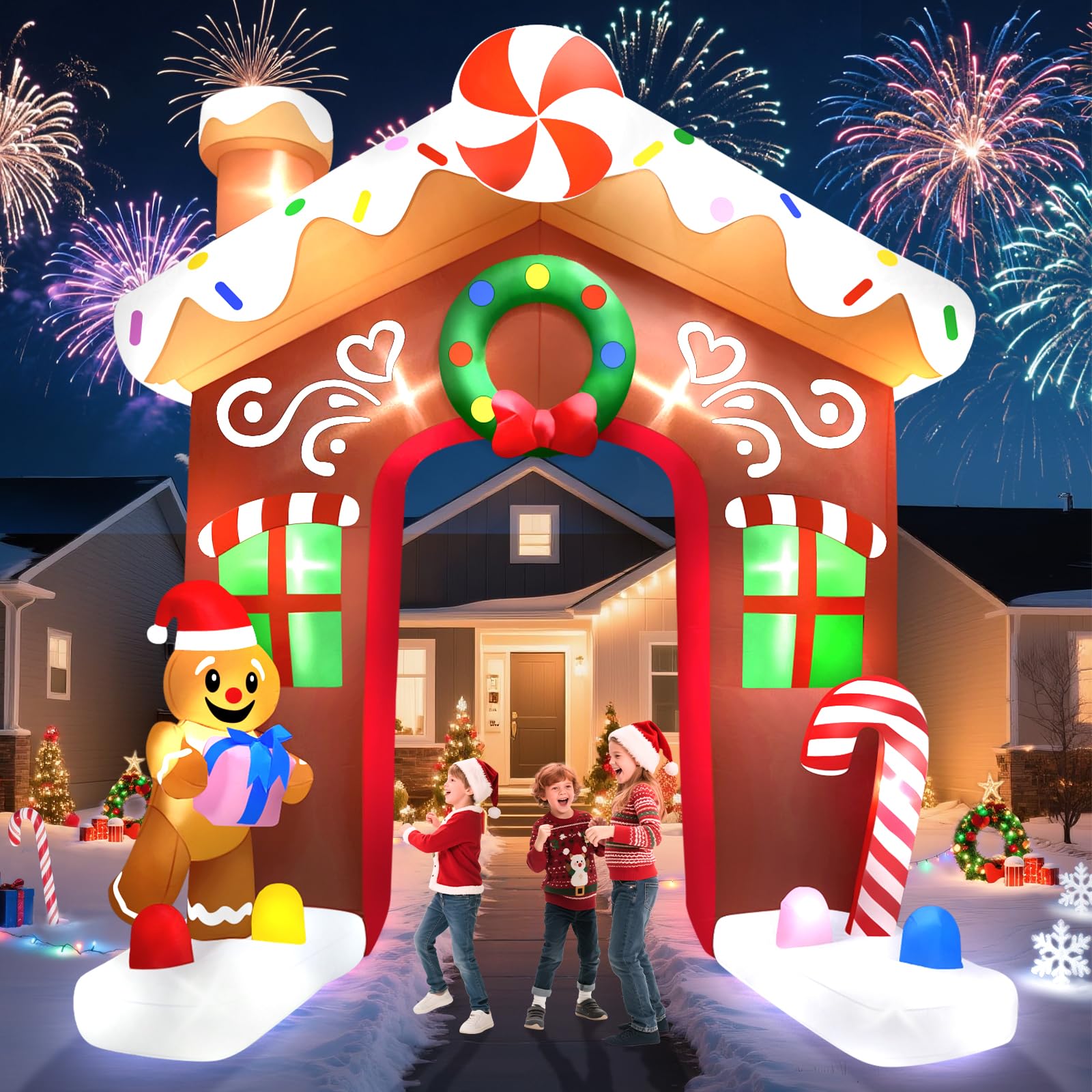 Kalolary 10 Fuß Aufblasbarer Weihnachtsbogen mit Lebkuchenmann Geschenken | Aufblasbarer Weihnachtsbogen Aufblasbare Weihnachtsdekoration für Draußen Zuhause Feiertage Garten Rasen Partyzubehör