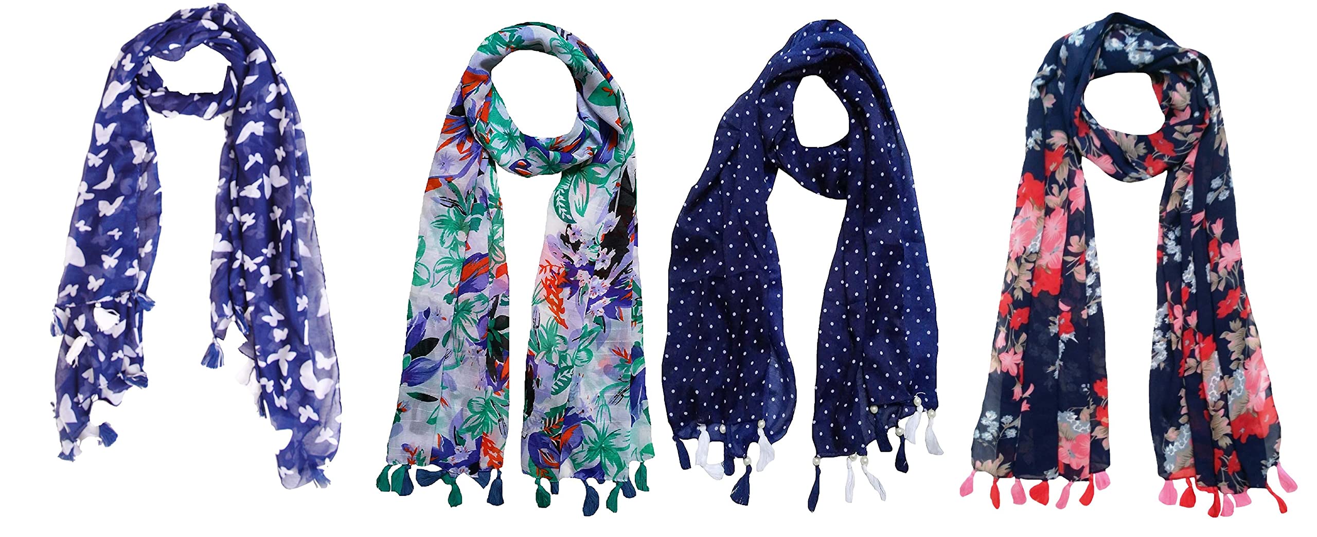 FABS COLLECTIONCombo of 4 scarf stoles dupatta for Girls/Ladies/Women Printed Chiffon Multicolored Scarf and Stoles with Pearl Tassels