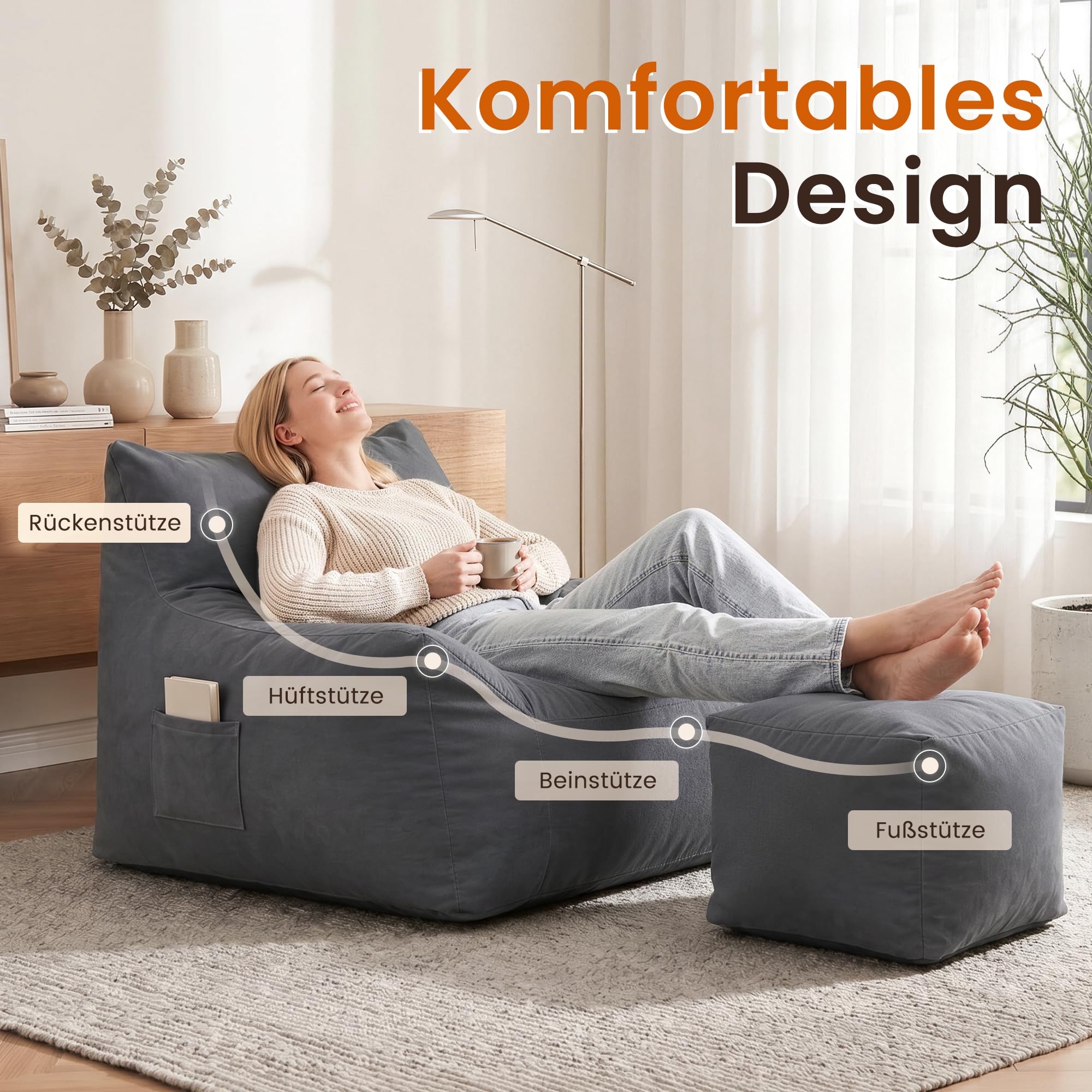 Pamapic Sitzsack XXL Wasserfest Erwachsene Indoor Outdoor mit Hocker Füllung Seitentaschen Polyester Dunkelgrau