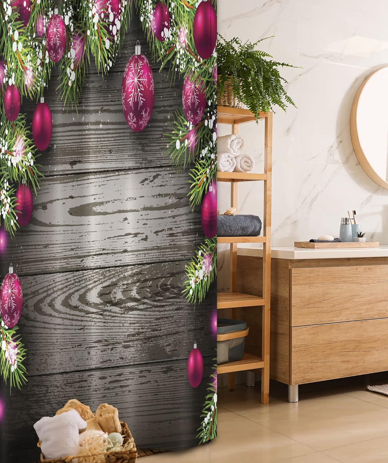 Ambesonne Christmas Stall Shower Curtain, Old Fashioned Concept with Twigs and Balls on Rustic Wood Vintage Design Print, Fabric Bathroom Decor Set with Hooks, 36" W x 72" L, Magenta Taupe