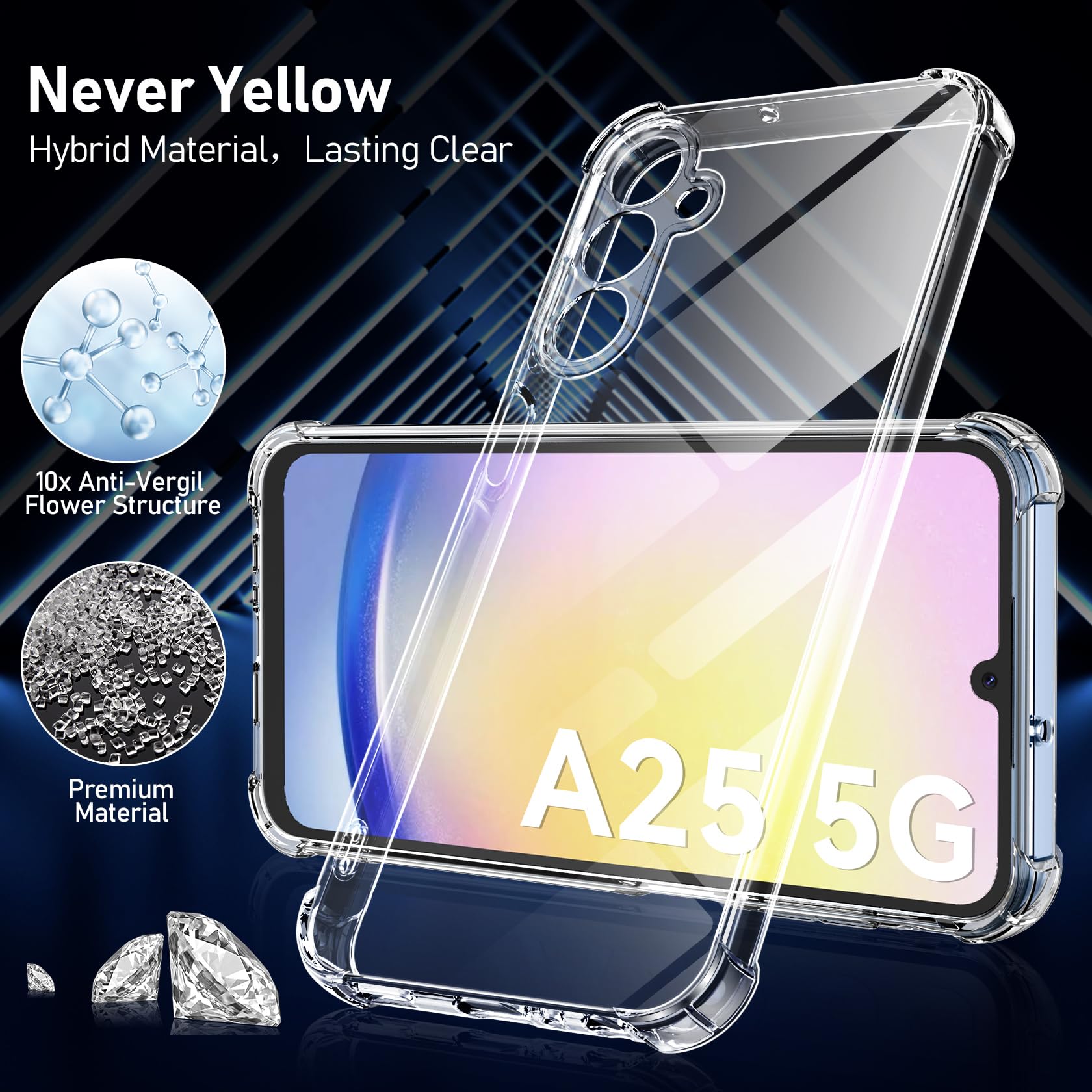 FLLAO Cover Compatibile con Samsung Galaxy A25 5G con 2 Vetro Temperato [Protezione Fotocamera] Anti Ingiallimento Antiurto Cover Silicona TPU Morbido Custodia per Samsung Galaxy A25 5G - Trasparente