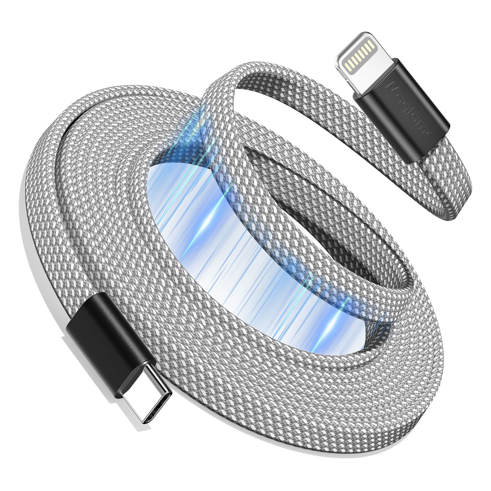 Magtame Magnetic USB C to Lightning Kabel Coiled, 1M MFi zertifiziertes Ladegerät Kabel Schnellladung PD 3.0, flaches einziehbares Kabel geflochten Kompatibel mit Phone 14 13 12 11 Pro Max XR XS X