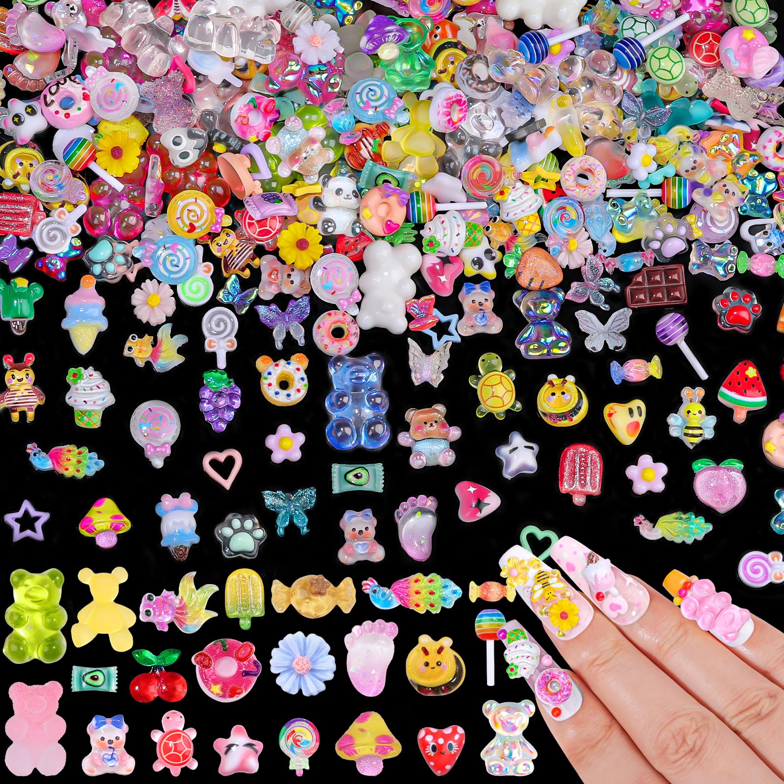 Zestaw 250 szt. kawaii 3D cukierkowe zawieszki do paznokci, Y2K kreskówka żelki niedźwiedź pszczoły owoc ananas słodkie cukierki lizak pączek lody urocze serce gwiazda kokardki mieszane kolory