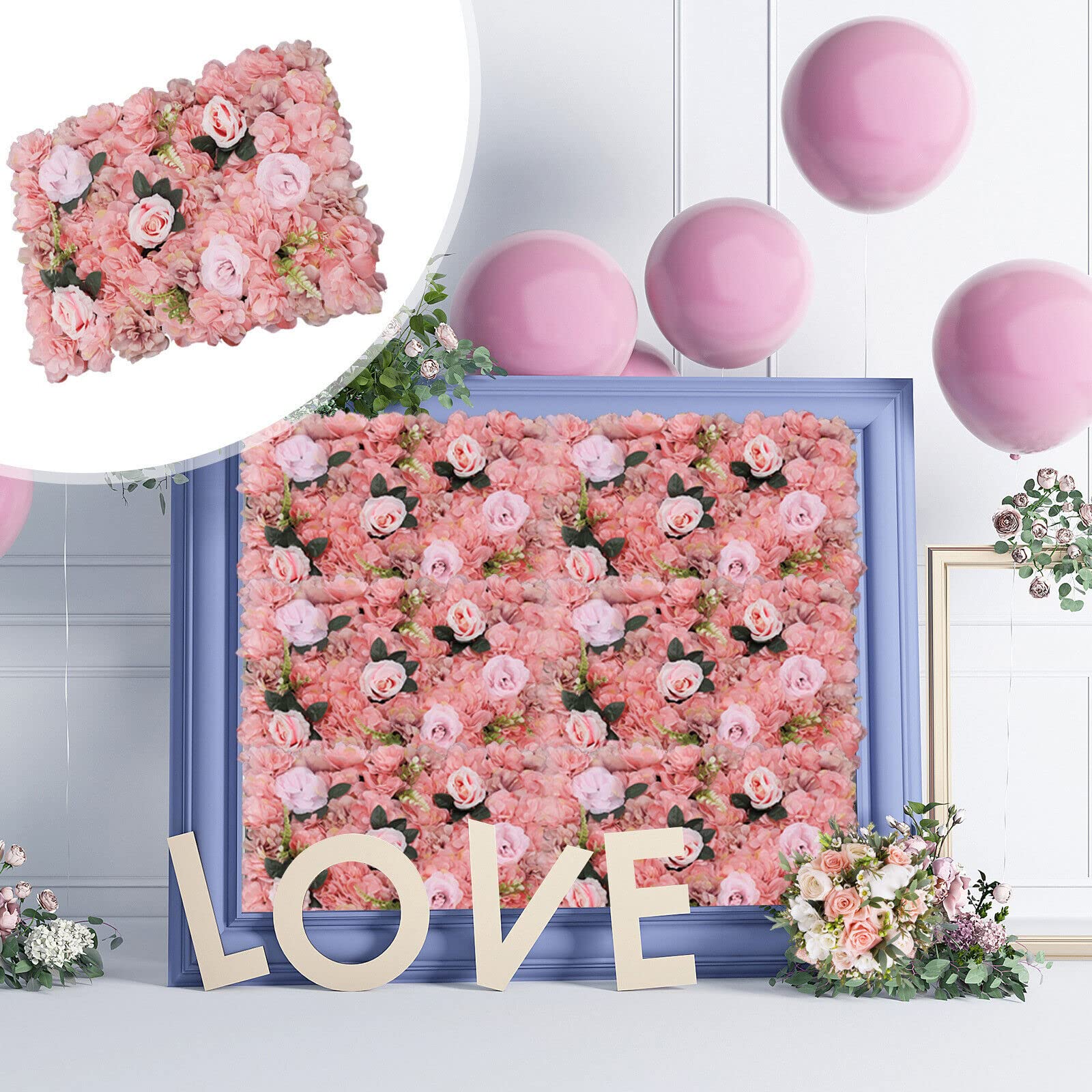 12 Stück Blumenwandpaneel Kunstrosen Künstliche Blume Blumenhintergrund, Blumenwandhintergrund für Party Hochzeit Brautdusche Babyparty Weihnachten Heimdekoration, 60 X 40cm (Schaumig Rosa)
