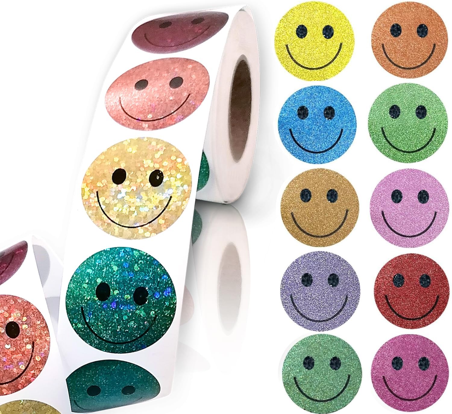 Khazna Glitter dot Smiley face Reward Stickers, Foil Shiny Happy Face Stickers, 500Pcs 1 inch 10 Colored Sparkly Foil dot Stickers Labels for Student Planner, School Classroom Teacher Supplies