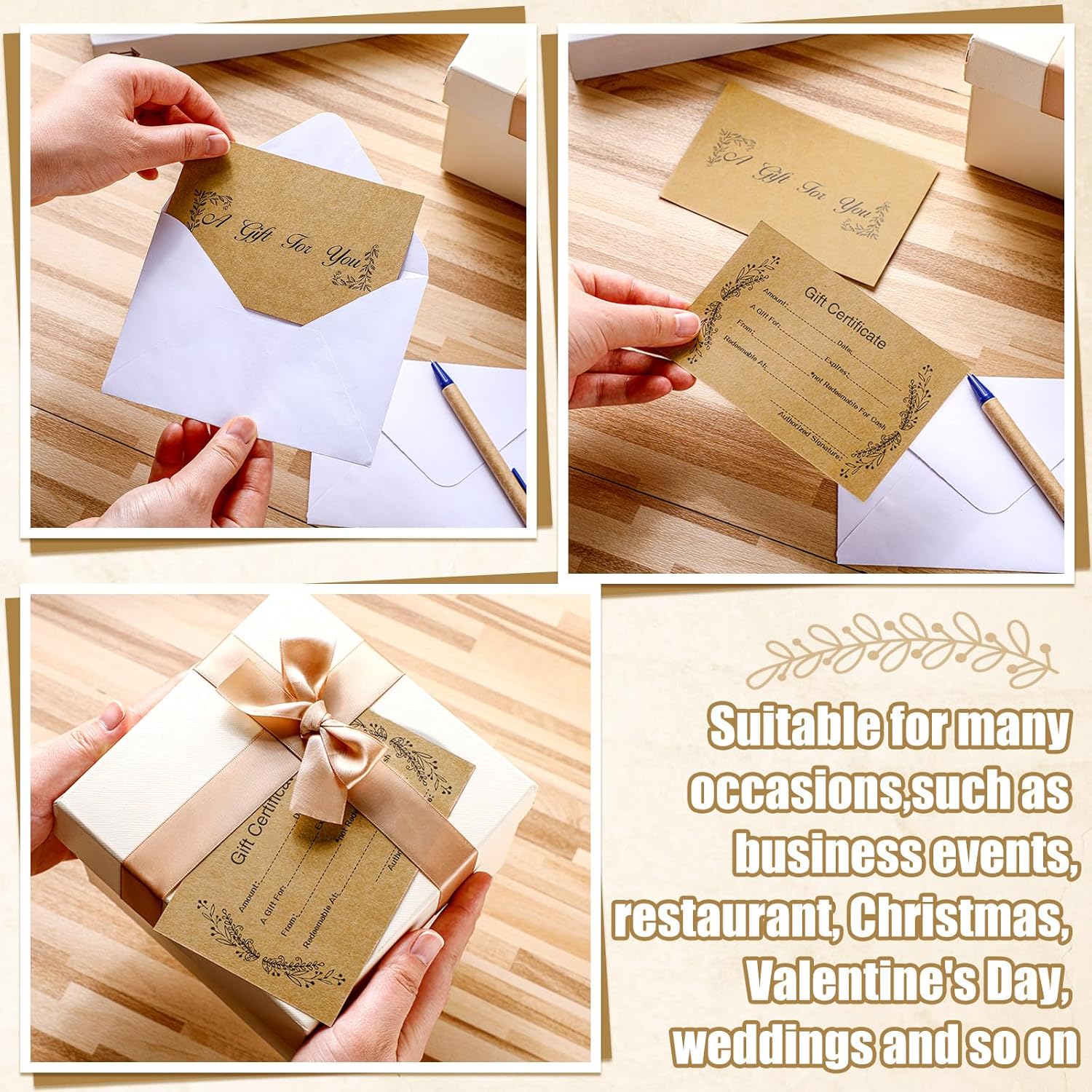 Tatuo 60 Sets Gift Certificates for Business Blank Gift Certificate Cards with 60 Pcs Envelopes for Beauty Salon Restaurant Spa Client Birthday Wedding Voucher Work, 3.5 x 5.5''(Kraft Color) - Image 3