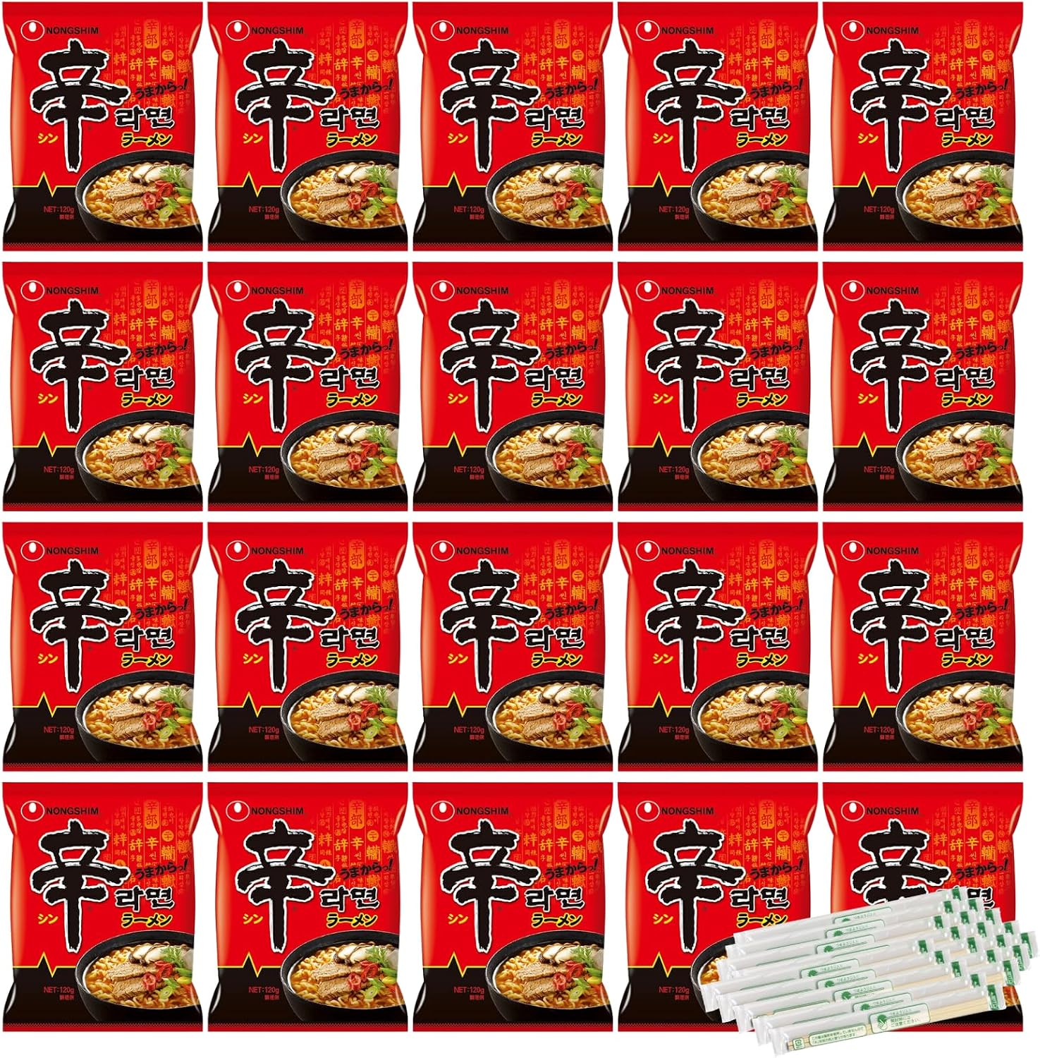 Spicy Ramen, 4.2 oz 120 g, Box of 20, Large Capacity + 20 Split Chopsticks, 20 Pairs of Umakara Ramen, Spicy, Spicy, Korean Ramen, Mochi Noodles, Genuine, Korean Pepper Spicy, Bulk Purchase, Stock