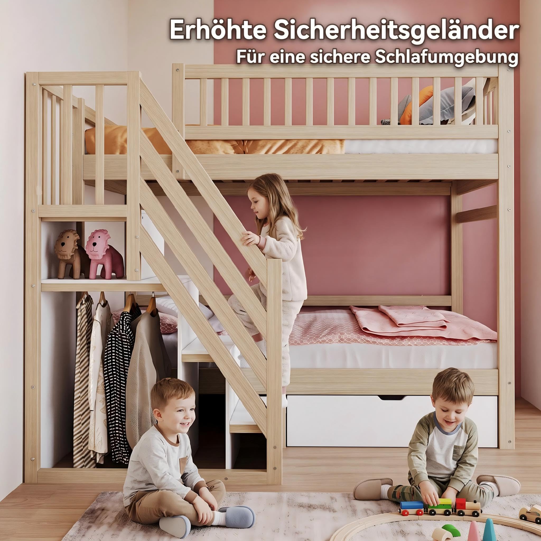 Su & Chan Legence Hochbett 90x200 cm mit Treppe, Stauraumschränken und Schublade, Etagenbett aus Massivholz mit hohem Geländer für Kinder, ohne Matratze, Holzfarbe