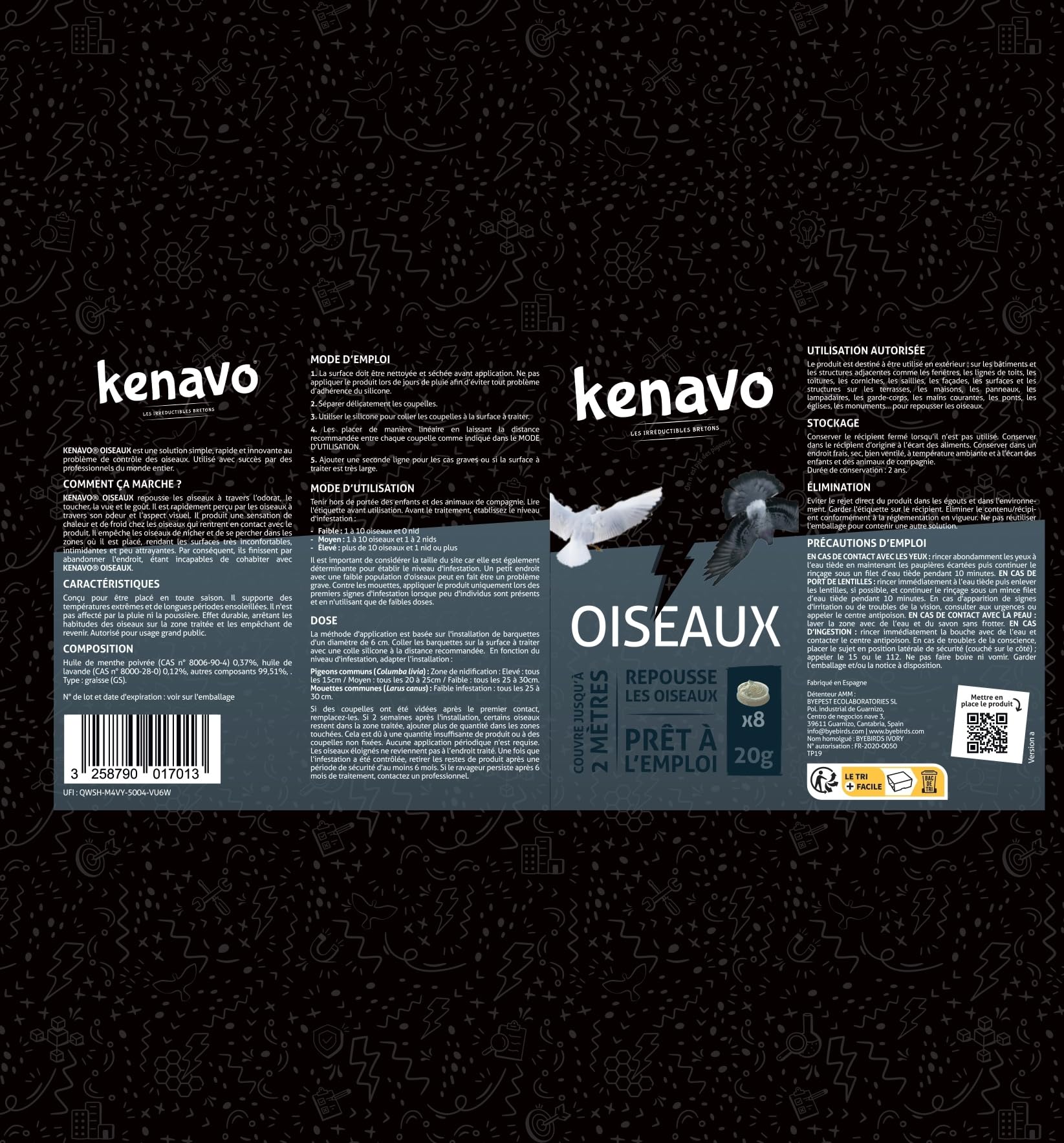Kenavo Répulsif Oiseaux Gel en coupelles x8 préremplies Système dissuasif prêt à l’Emploi pour Pigeons et mouettes | Repousse sans dommage | Usage extérieur (rebords, balcons, toitures)