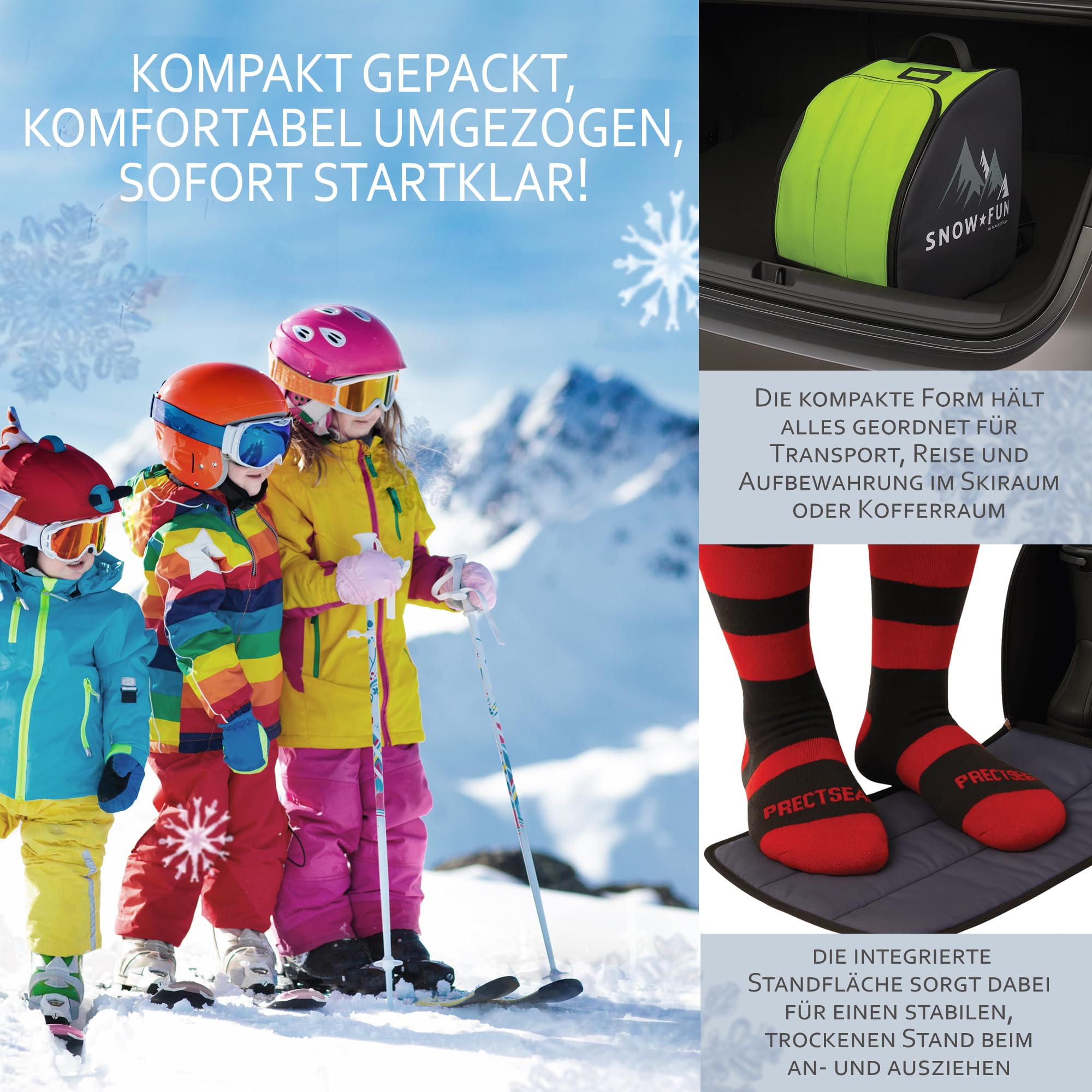 BambiniWelt by Rafael K. Kinder Skistiefeltasche [Ski-Schuh-Tasche für Kinder] Skiboots Rucksack integrierte Standfläche Platz für Boots Helm Skibrille Handschuhe Kinder-Skischuhrucksack