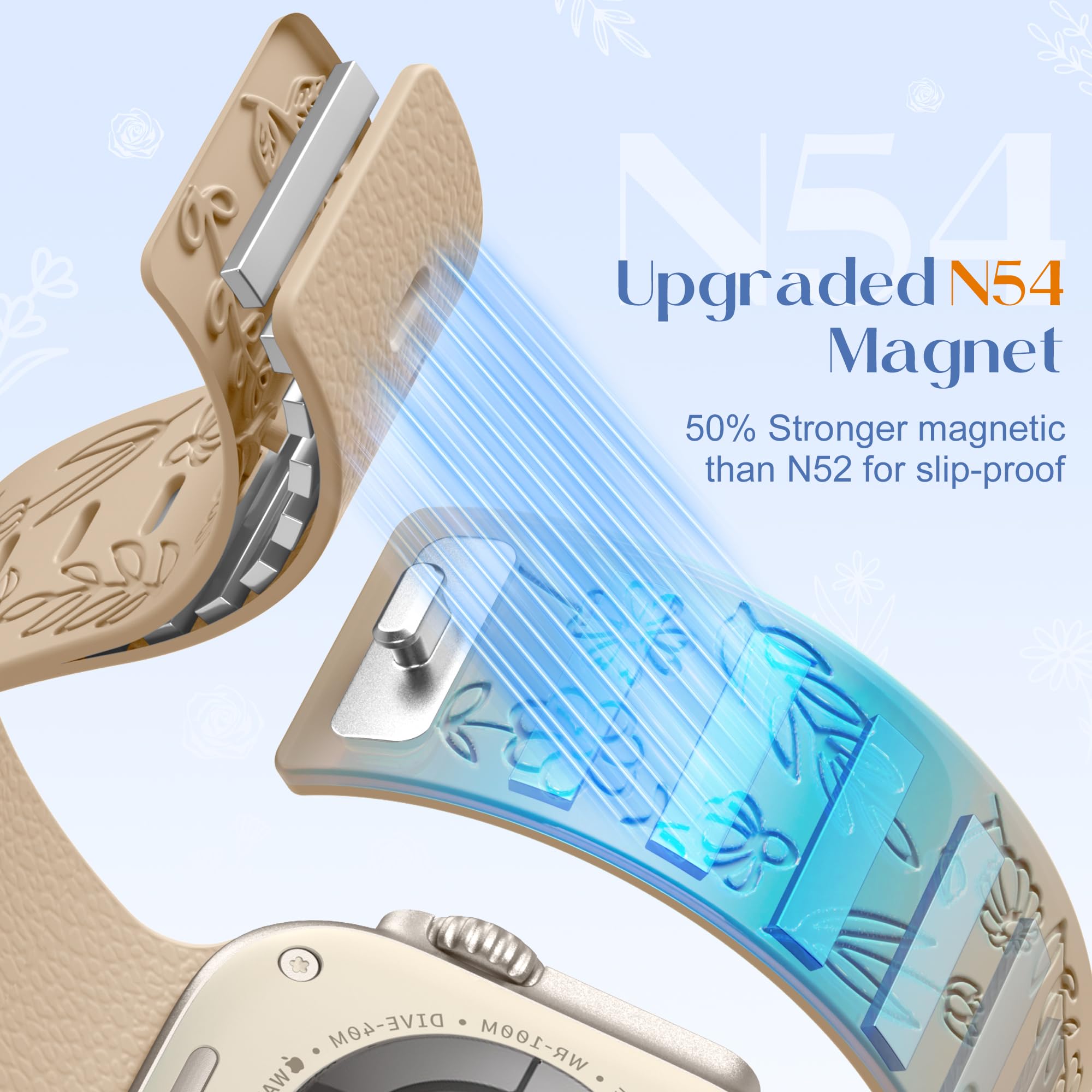 Bracelet magnétique en silicone à motif floral compatible avec les bracelets Apple Watch pour femme 40 mm, 42 mm, 41 mm, 38 mm, 44 mm, 45 mm, 46 mm, 49 mm, bracelet magnétique de sport à motif floral